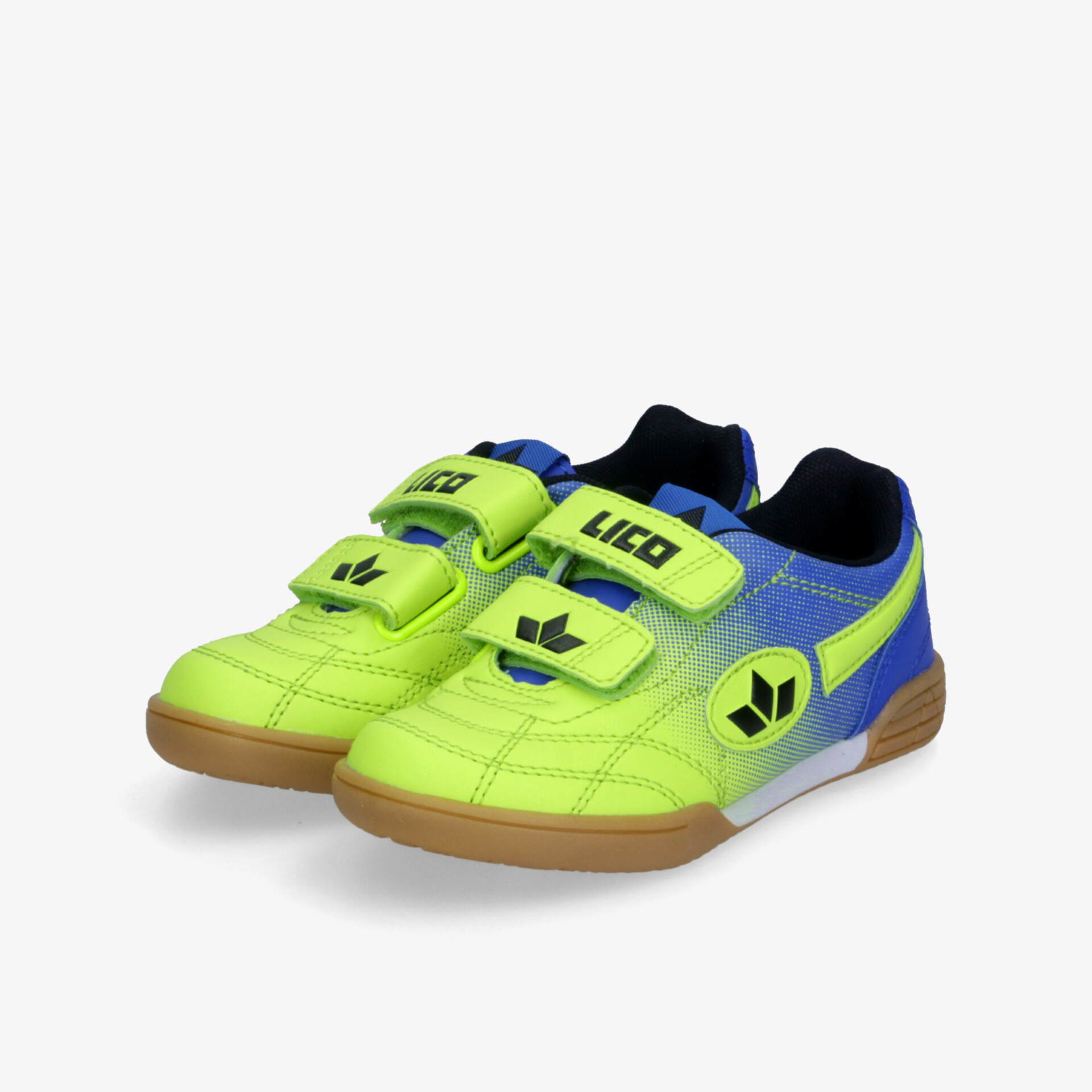 Neongrüne und blaue Sportschuhe mit Klettverschluss, rutschfeste Sohle und bequemem Design für Indoor-Aktivitäten