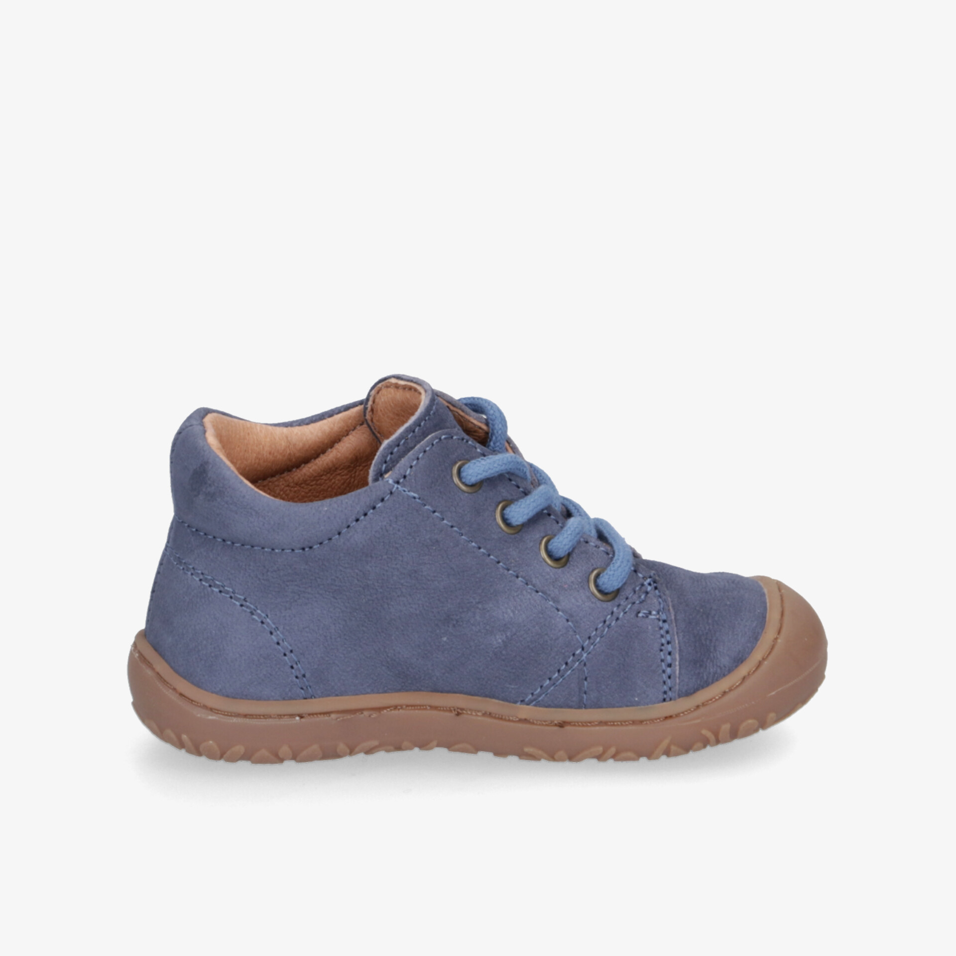 Blauer Kinderschuh aus Leder mit robuster Sohle für Komfort und Halt.