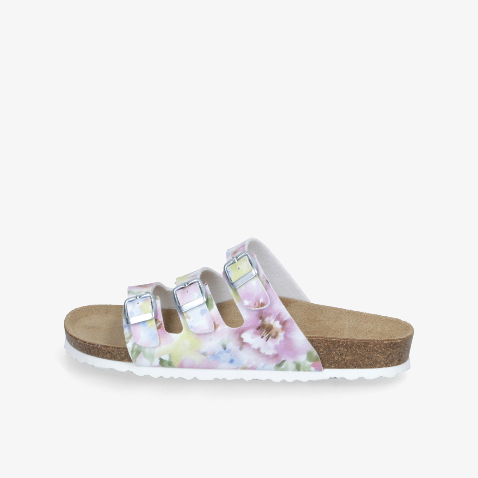 Leichte und bequeme Sandale mit drei verstellbaren Riemen, weicher Sohle und modischem Blumenmuster