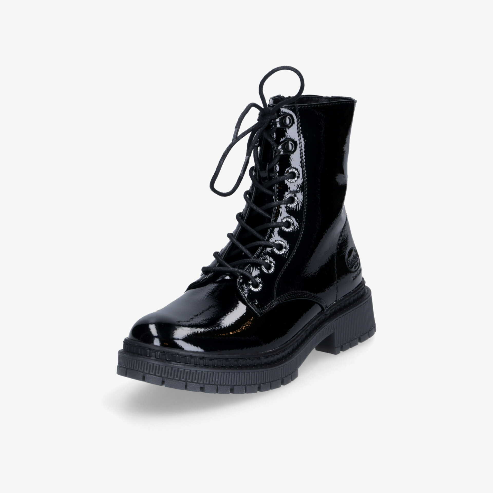 Schwarzer Schnürstiefel aus glänzendem Lackleder mit robuster Sohle und hohem Schaft für guten Halt