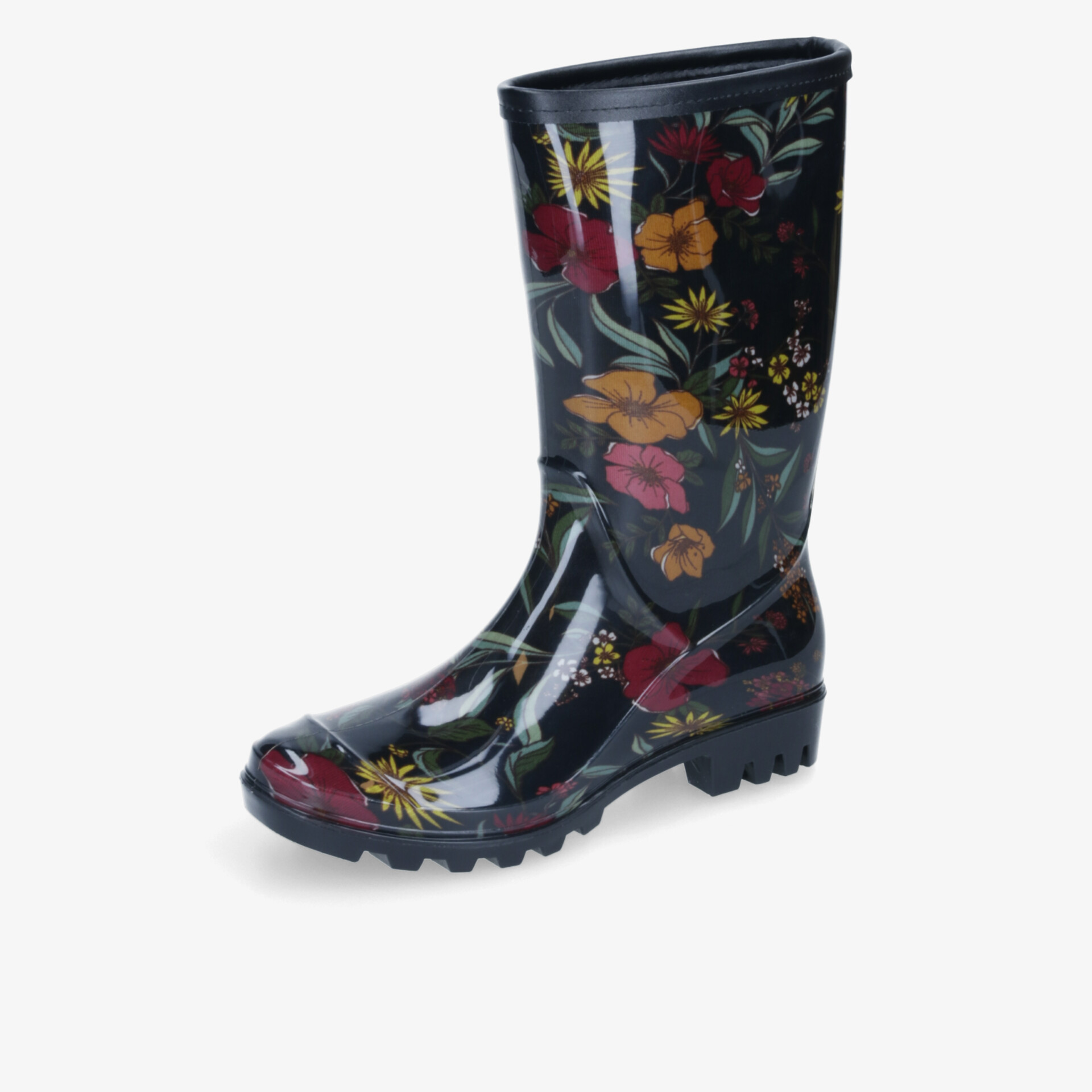 Blumig verzierter Regenstiefel mit rutschfester Sohle und stilvollem Design. Perfekt für regnerische Tage.
