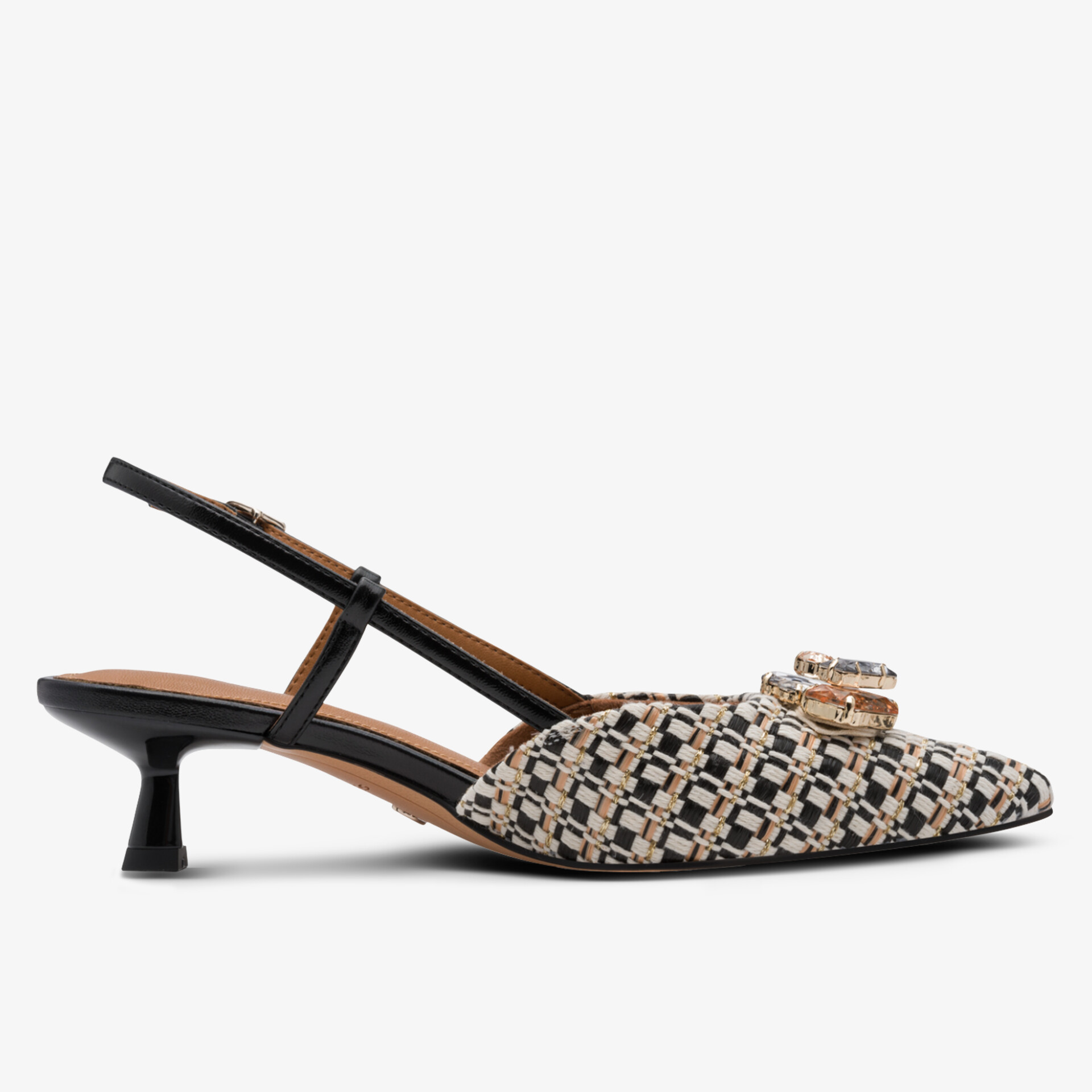 Eleganter spitzer Slingback mit niedrigem Kitten Heel und verzierendem Muster für stilvollen Komfort