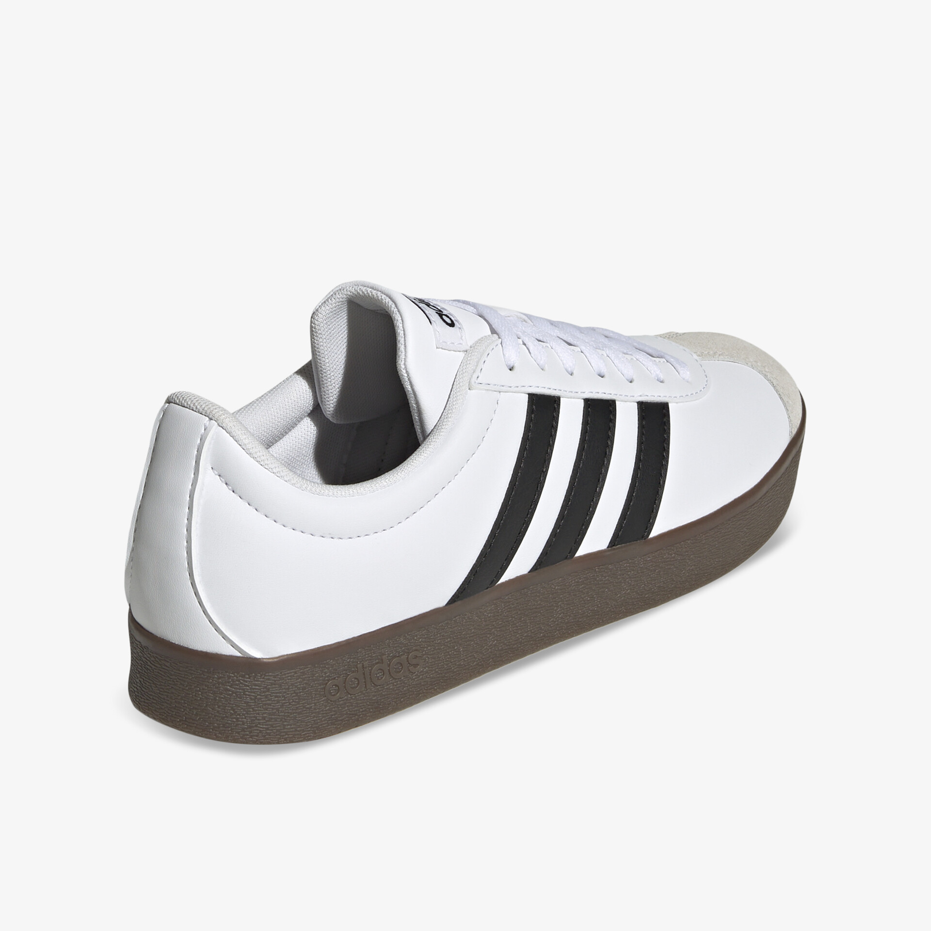 Weißer Sneaker mit schwarzen Streifen in seitlicher Ansicht, sportlich und bequem mit langlebiger Sohle