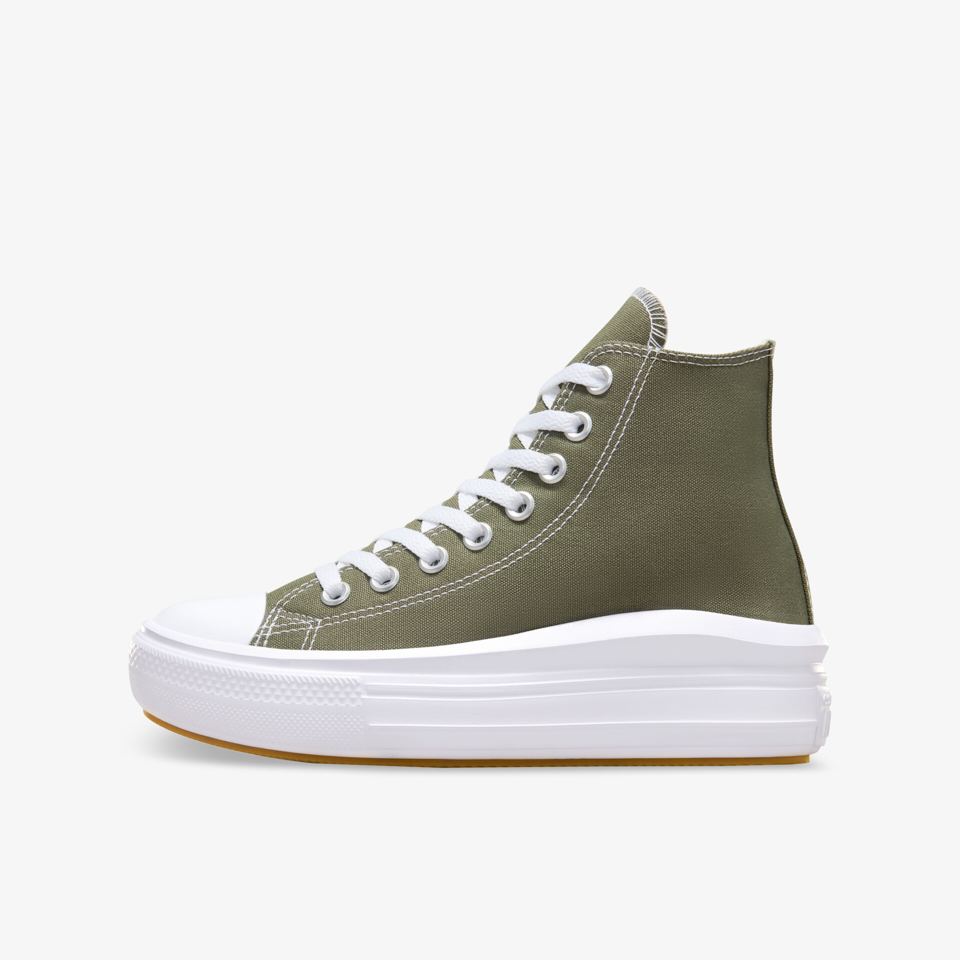 Moderner hoher Sneaker in Olivgrün mit weißer dicker Sohle und klassischer Schnürung, seitliche Ansicht