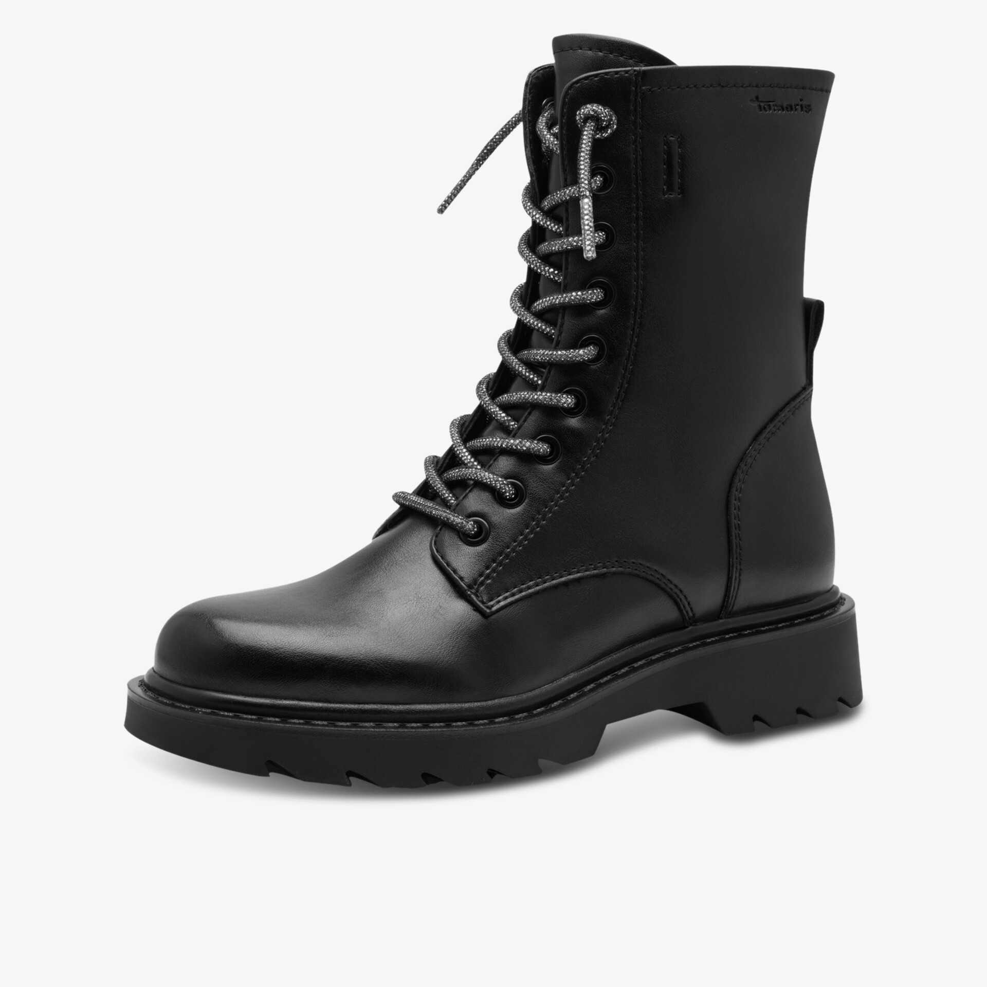 Robuster und modischer schwarzer Stiefel mit schnürbarem hohem Schaft und profilierter Sohle