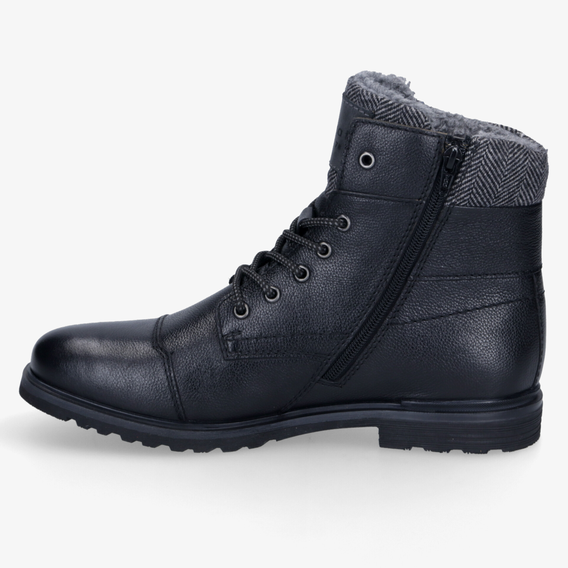 Schwarzer robuster Lederstiefel mit warmem Innenfutter und seitlichem Reißverschluss, rutschfeste Sohle