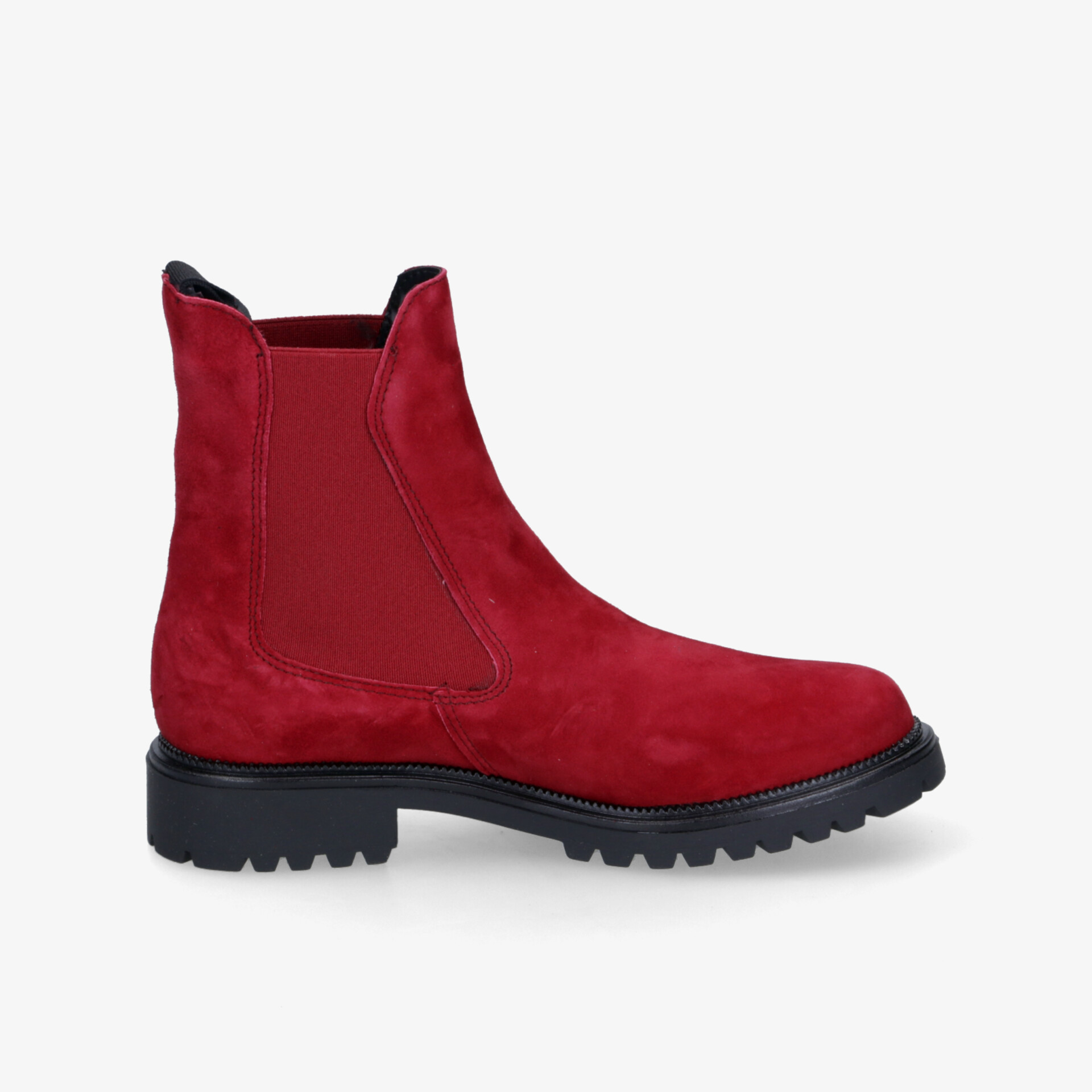 Roter Wildlederstiefel mit robustem Profilabsatz und elastischem Einsatz für bequemen Sitz