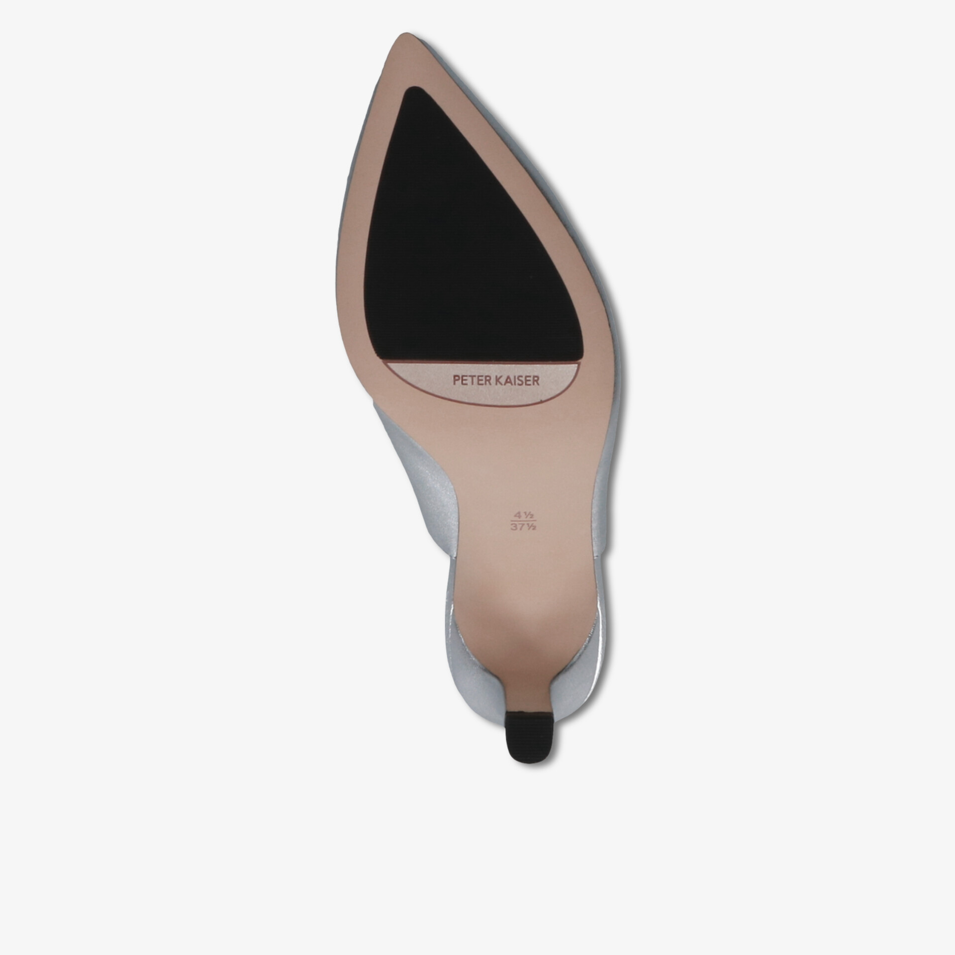 Eleganter Schuh mit schwarzer, glatter Sohle und spitz zulaufendem Absatz von unten gesehen