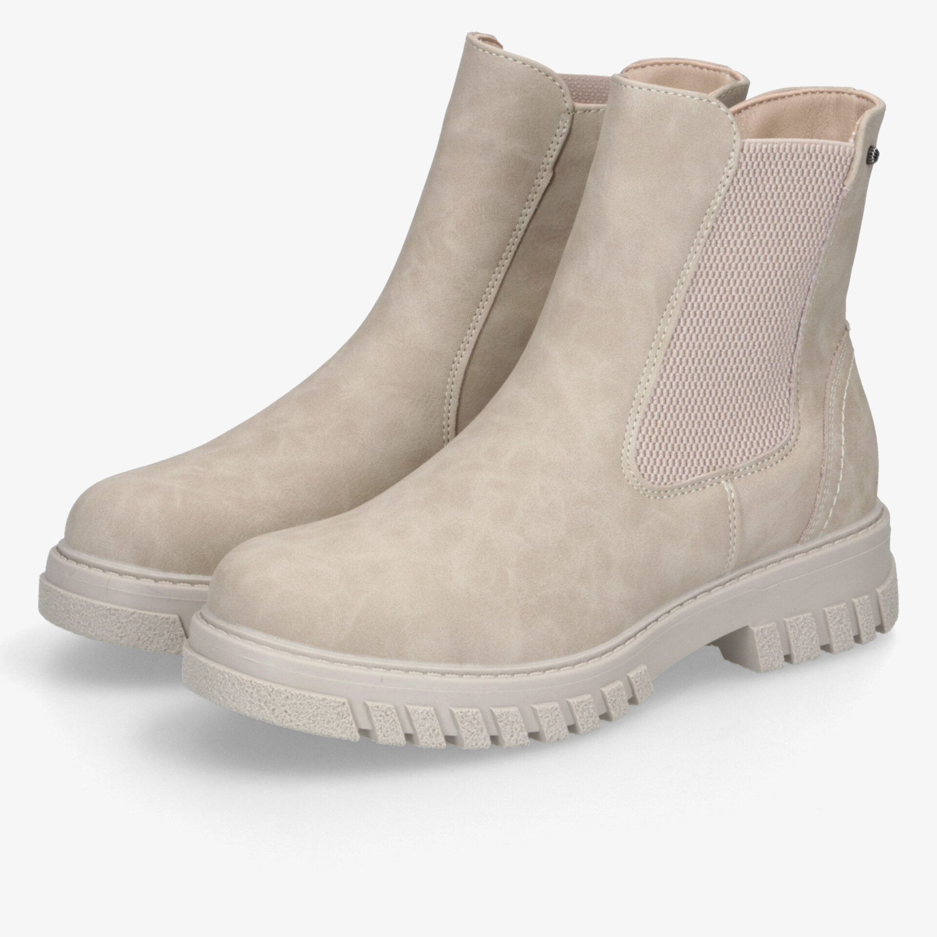 Beiges Chelsea Boots Paar mit elastischen Seiteneinsätzen und robuster, rutschfester Profilsohle, modisch und bequem