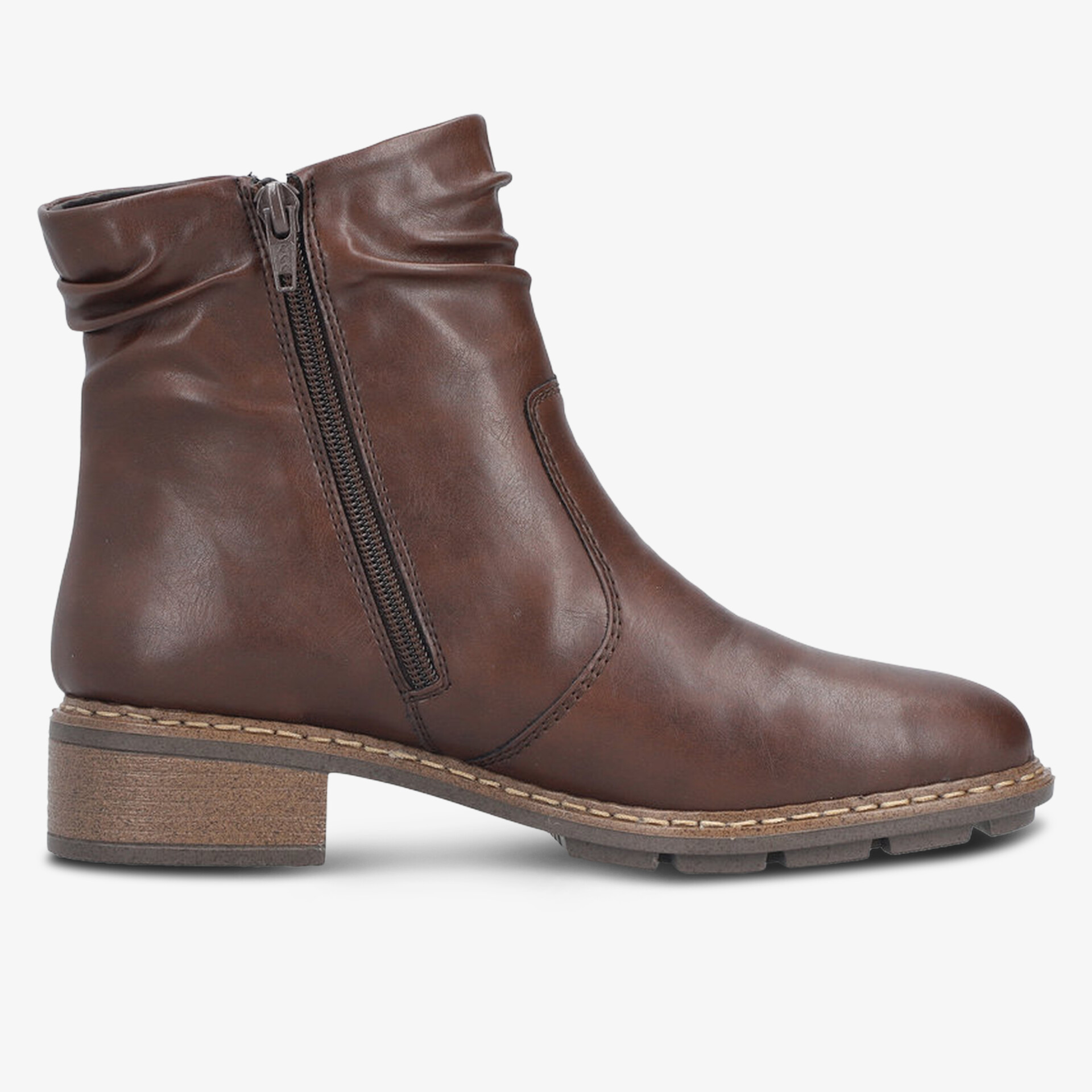 Braune Lederstiefelette mit Reißverschluss, bequemer Blockabsatz und klassischem Design.
