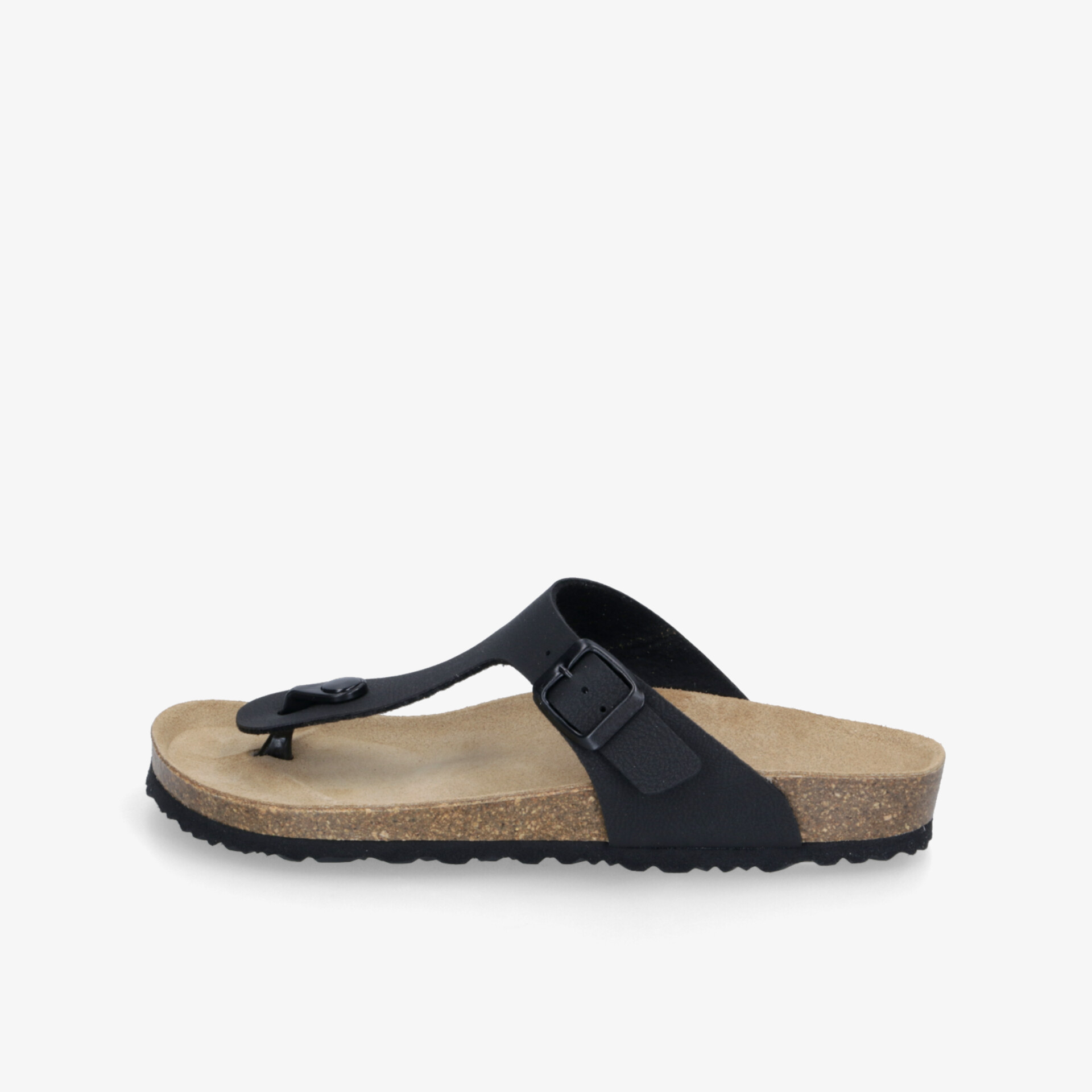 Schwarze bequeme Sandale mit verstellbarem Riemen und ergonomischem Fußbett seitlich fotografiert