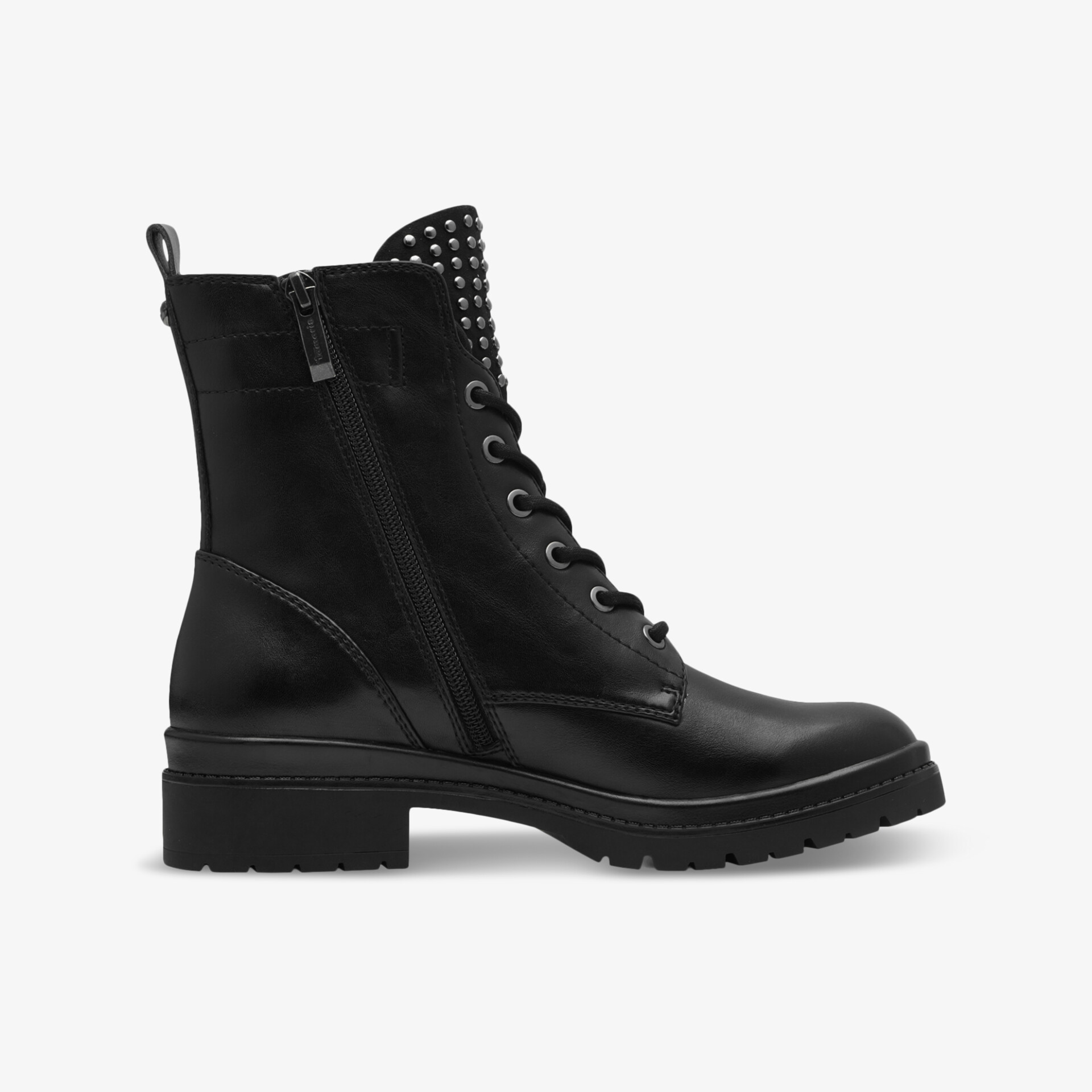 Schwarze Lederstiefelette mit Schnürung und seitlichem Reißverschluss für komfortablen und stabilen Halt