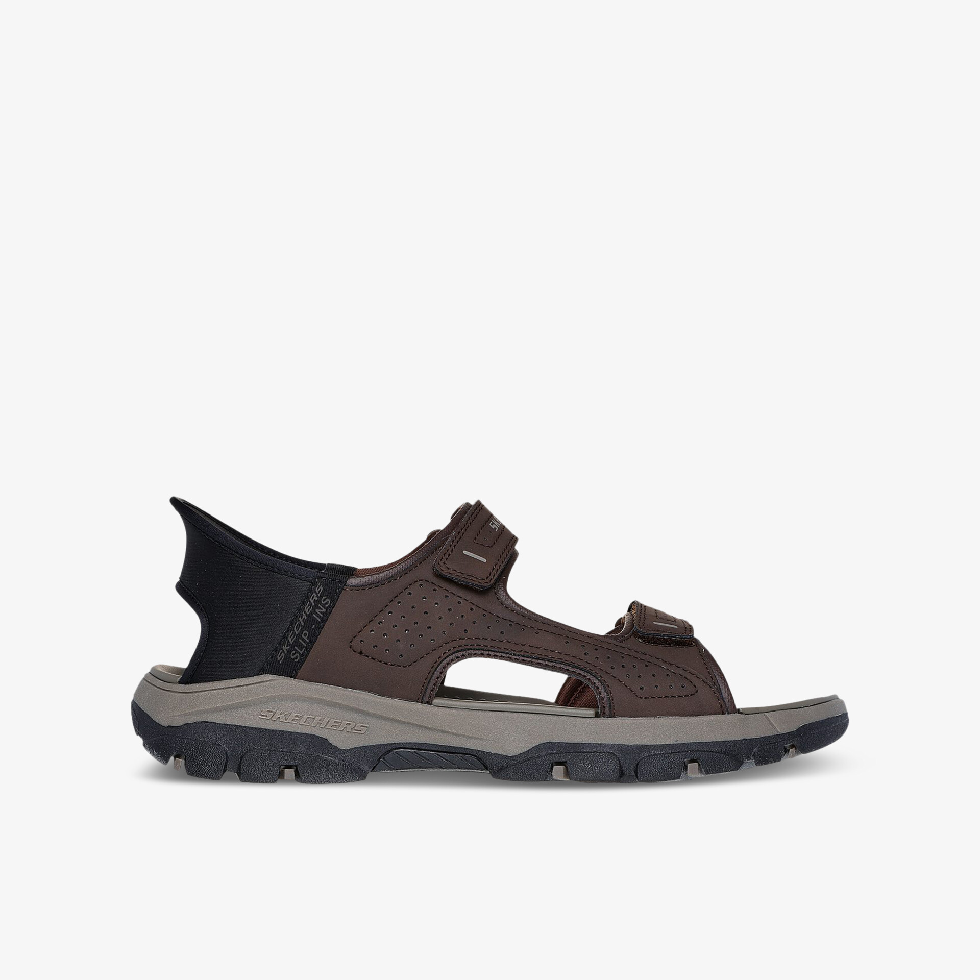 seitliche Ansicht einer braunen und schwarzen Outdoor-Sandale mit verstellbaren Klettverschlüssen und rutschfester Sohle