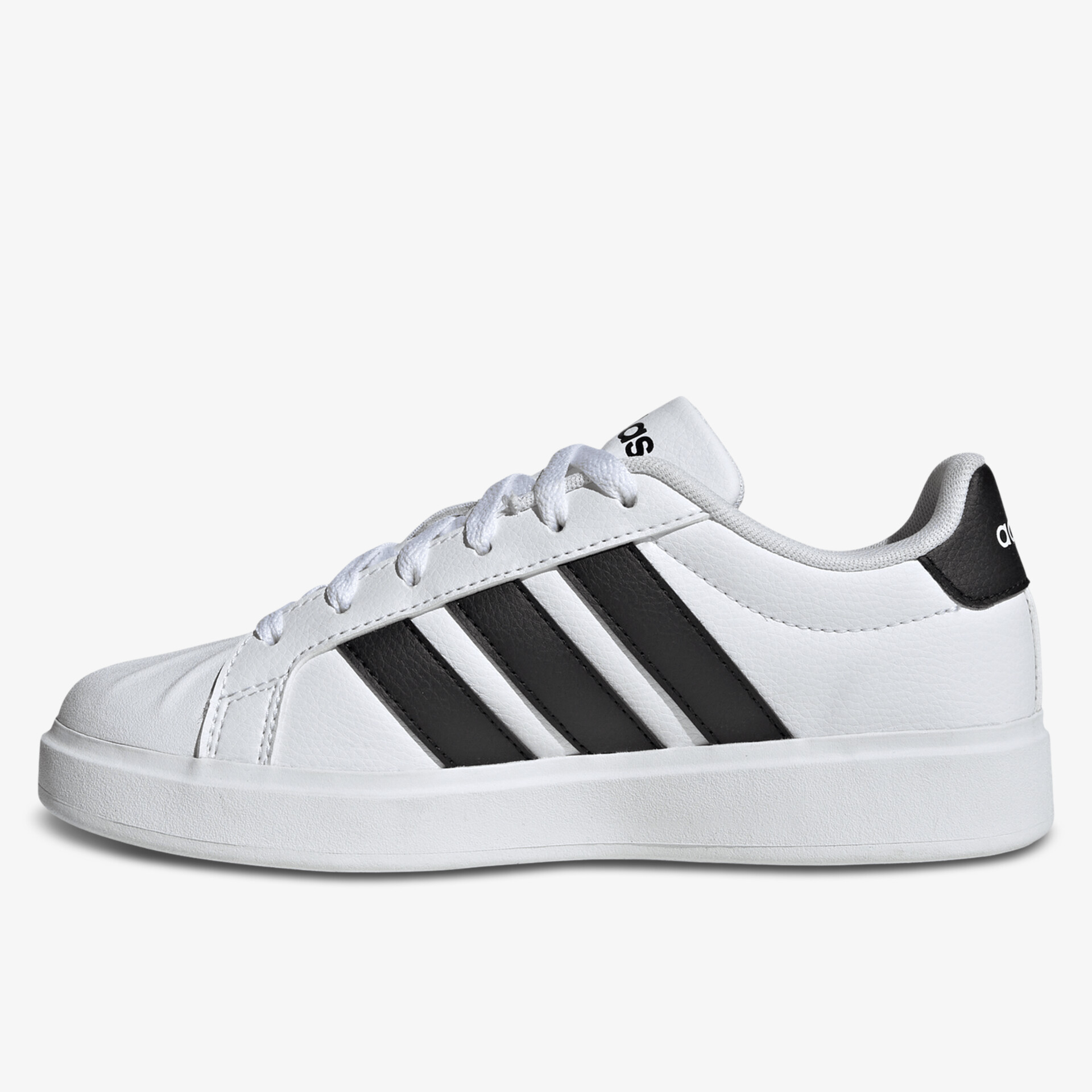 Moderner weißer Sneaker mit schwarzen Streifen, seitliche Ansicht, sportlich und bequem