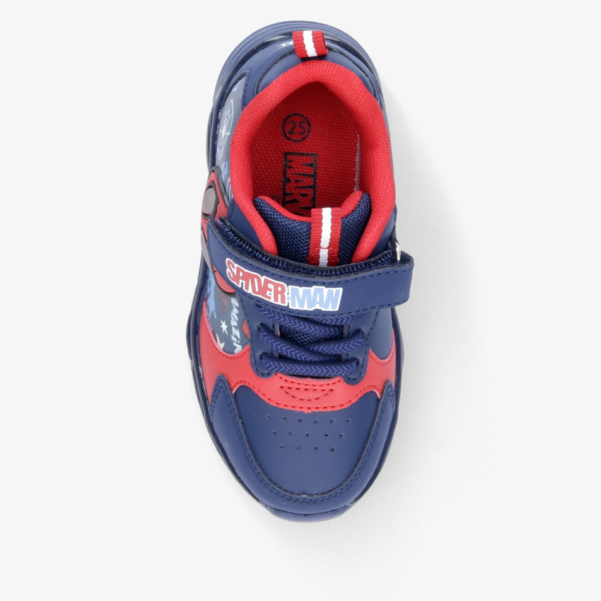 Robuster Sportschuh mit atmungsaktivem Material und praktischem Klettverschluss in Blau und Rot, Draufsicht