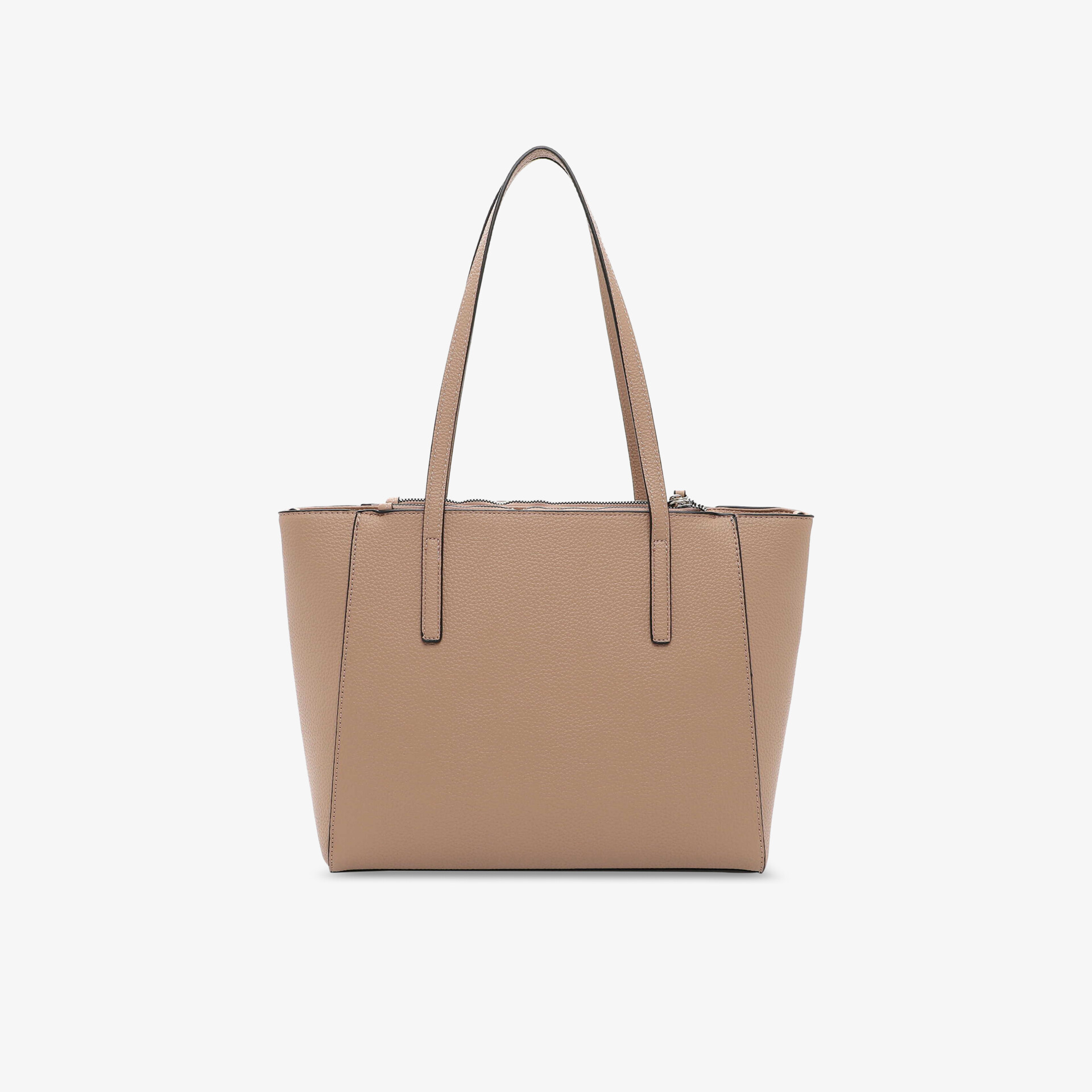 Elegante große beige Tasche mit glattem Material, geräumigem Innenraum und schlichten, hochwertigen Details vorne