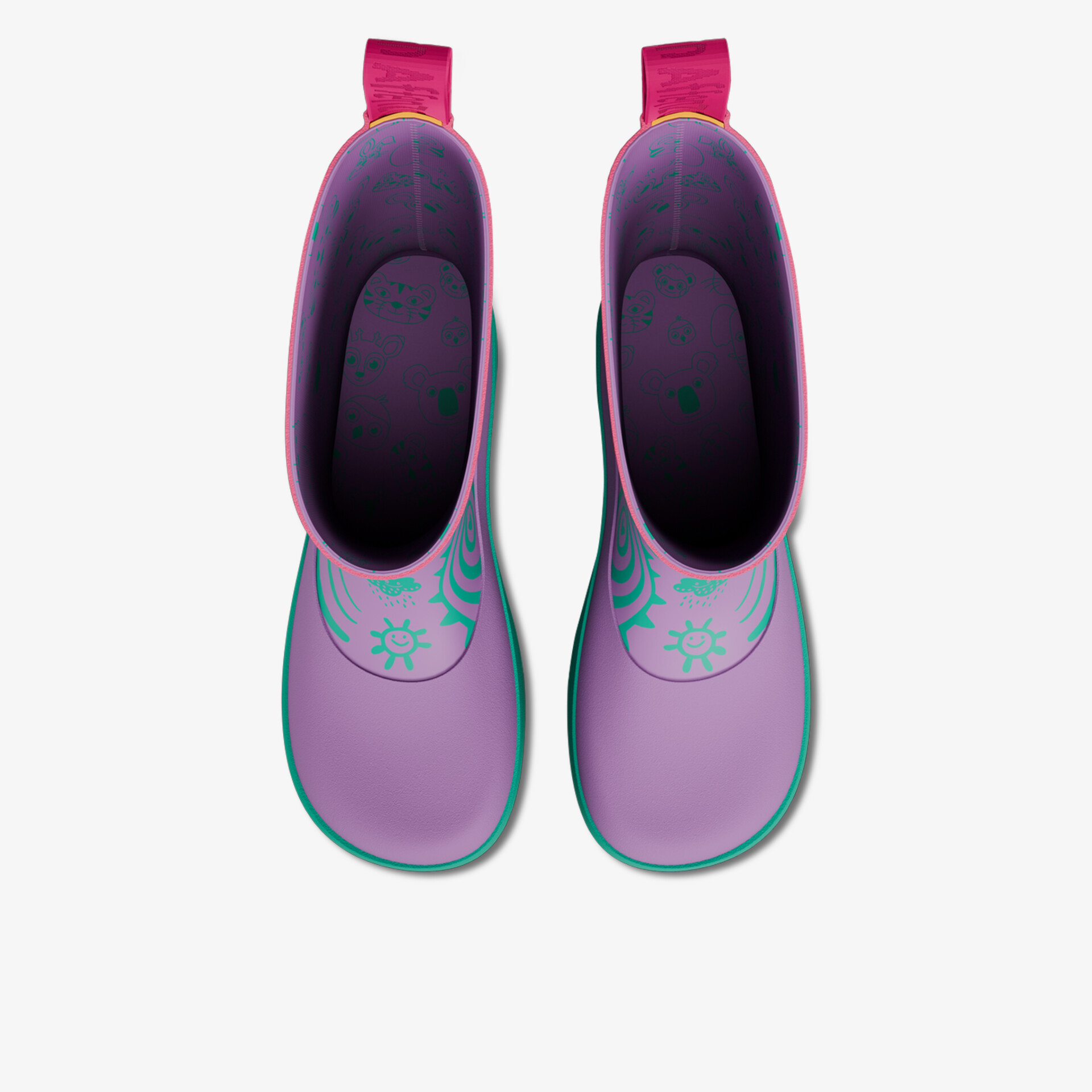 Lila vegane Regenstiefel mit türkisfarbener Sohle und niedlichem Eulenmotiv in Draufsicht