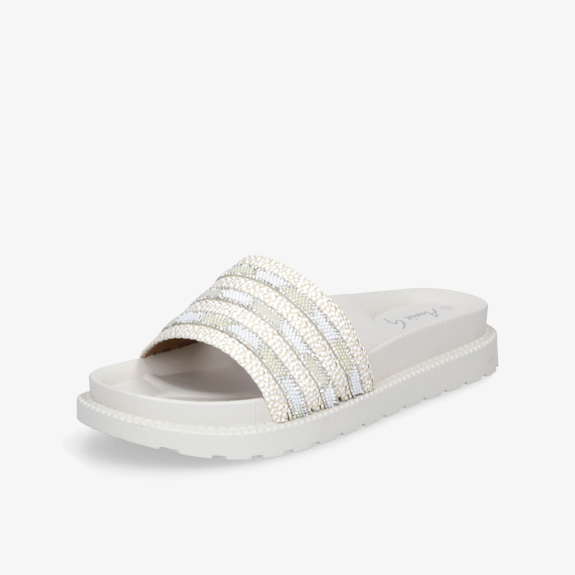 Weiße Slide Sandale mit breit gefächerten, glitzernden Riemen und bequemer Sohle für angenehmen Tragekomfort