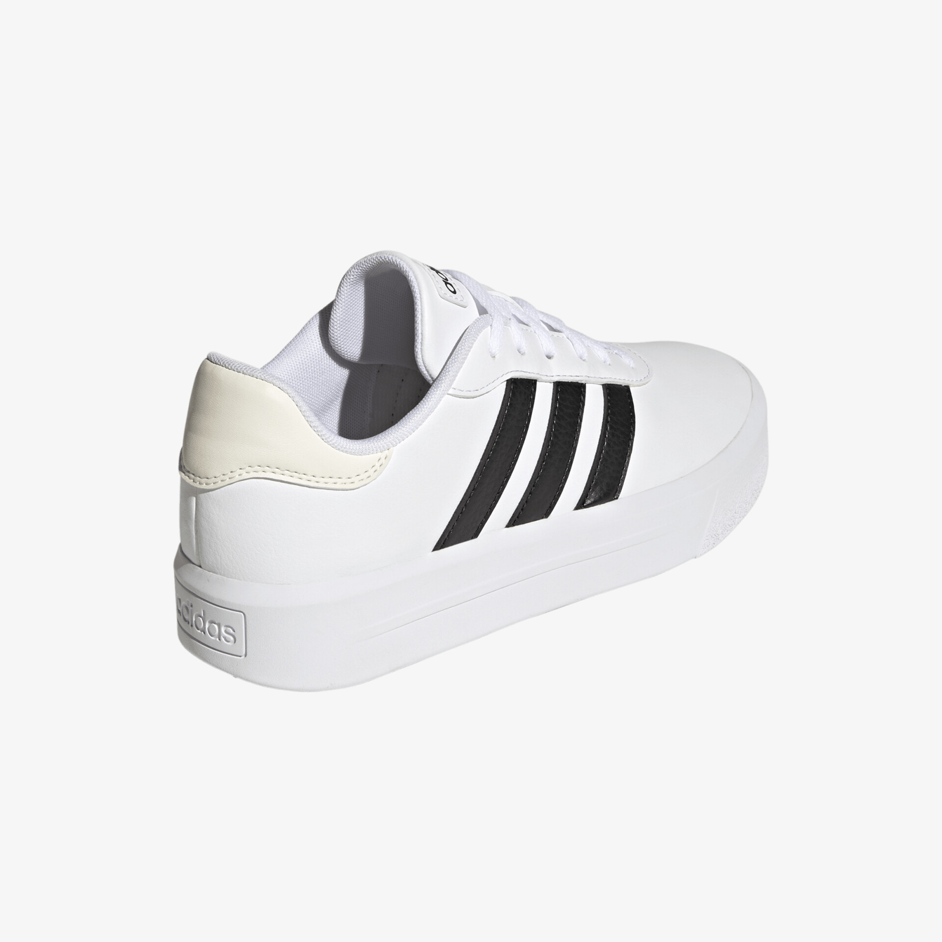 Klassischer weißer Sneaker mit schwarzem Streifendesign und strapazierfähiger Sohle in seitlicher Ansicht.