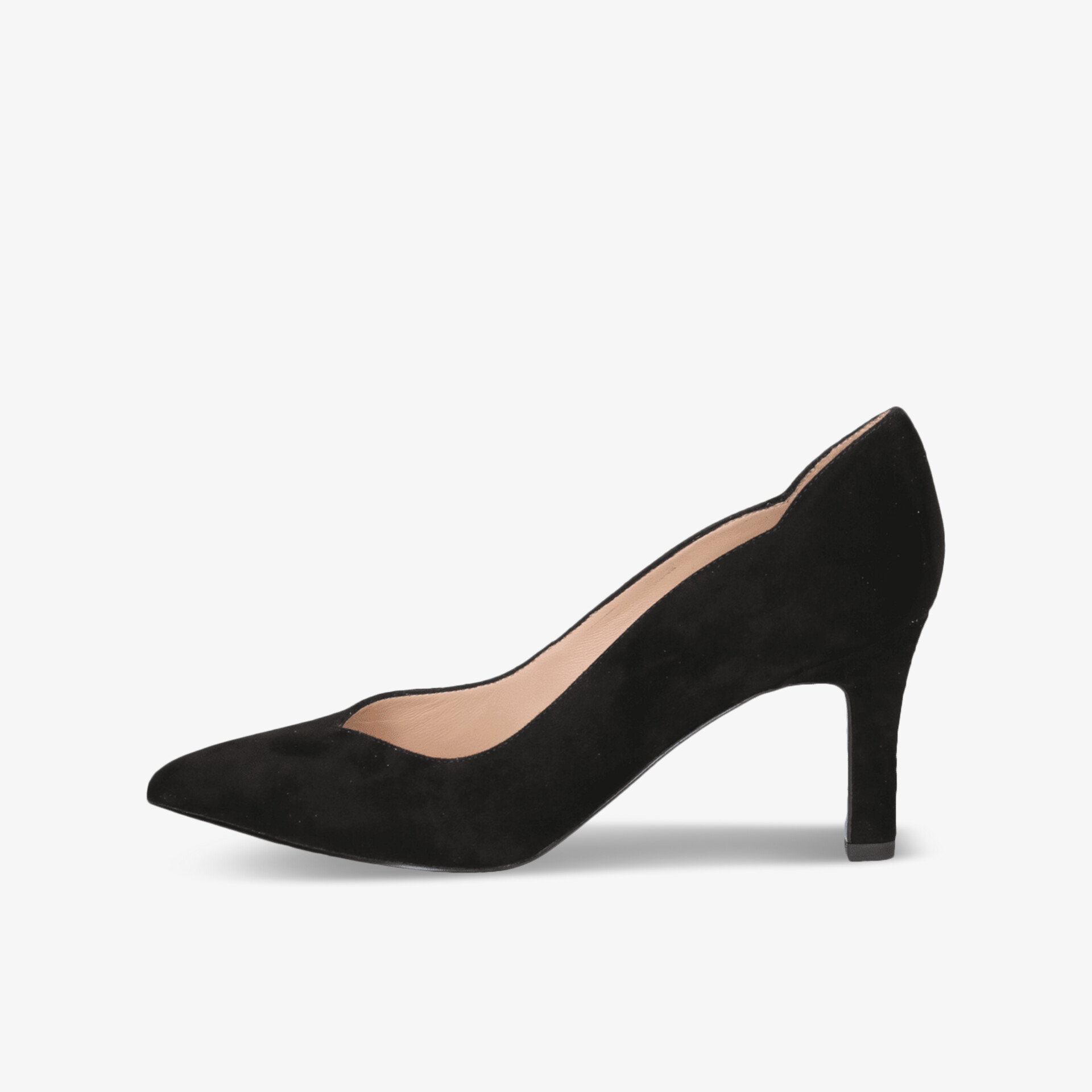 Schwarzer eleganter Pumps mit spitz zulaufender Vorderseite und mittelhohem Absatz in klarer Seitenansicht
