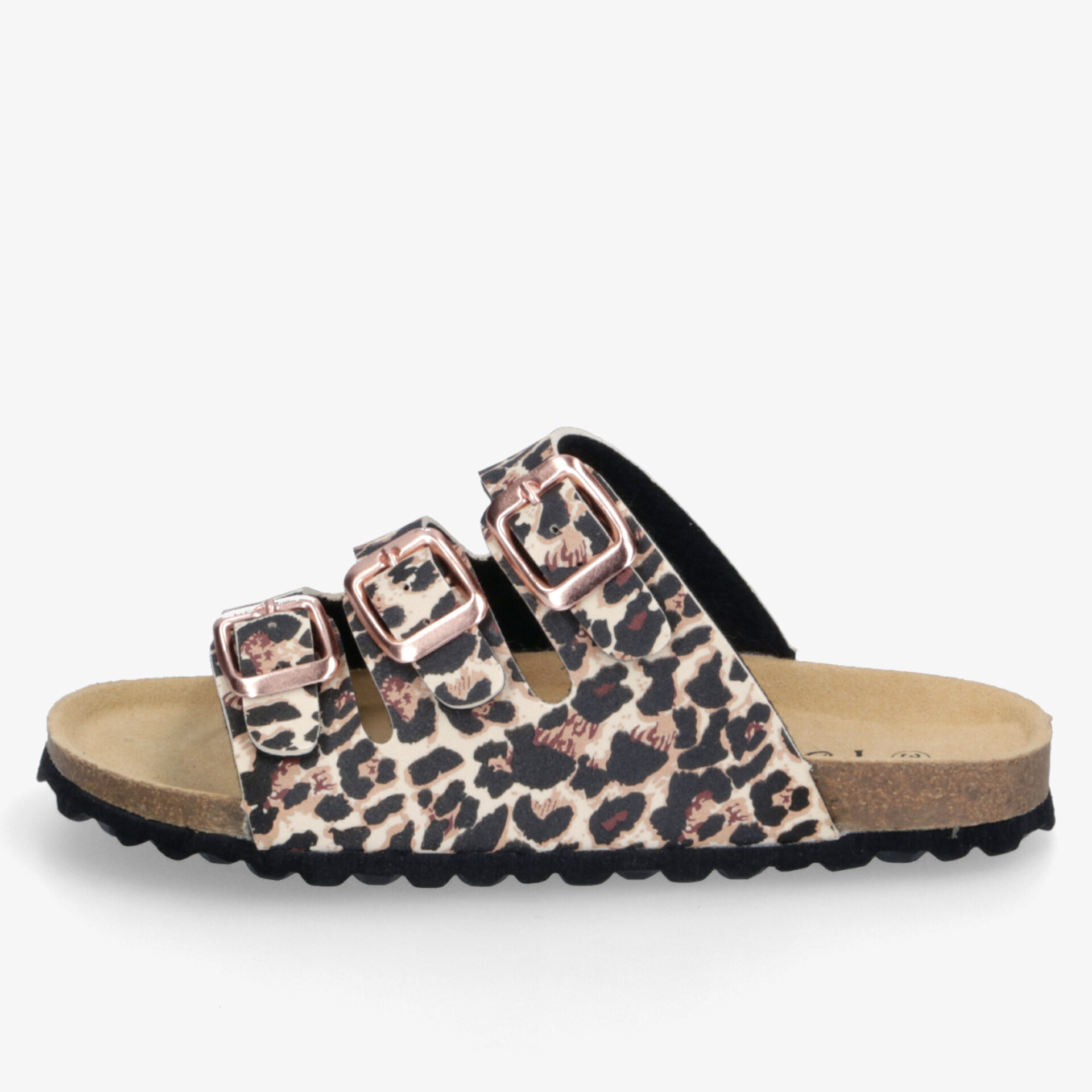 Seitliche Ansicht einer bequemen Sandale mit Leopardenmuster und drei verstellbaren Schnallen für optimalen Halt