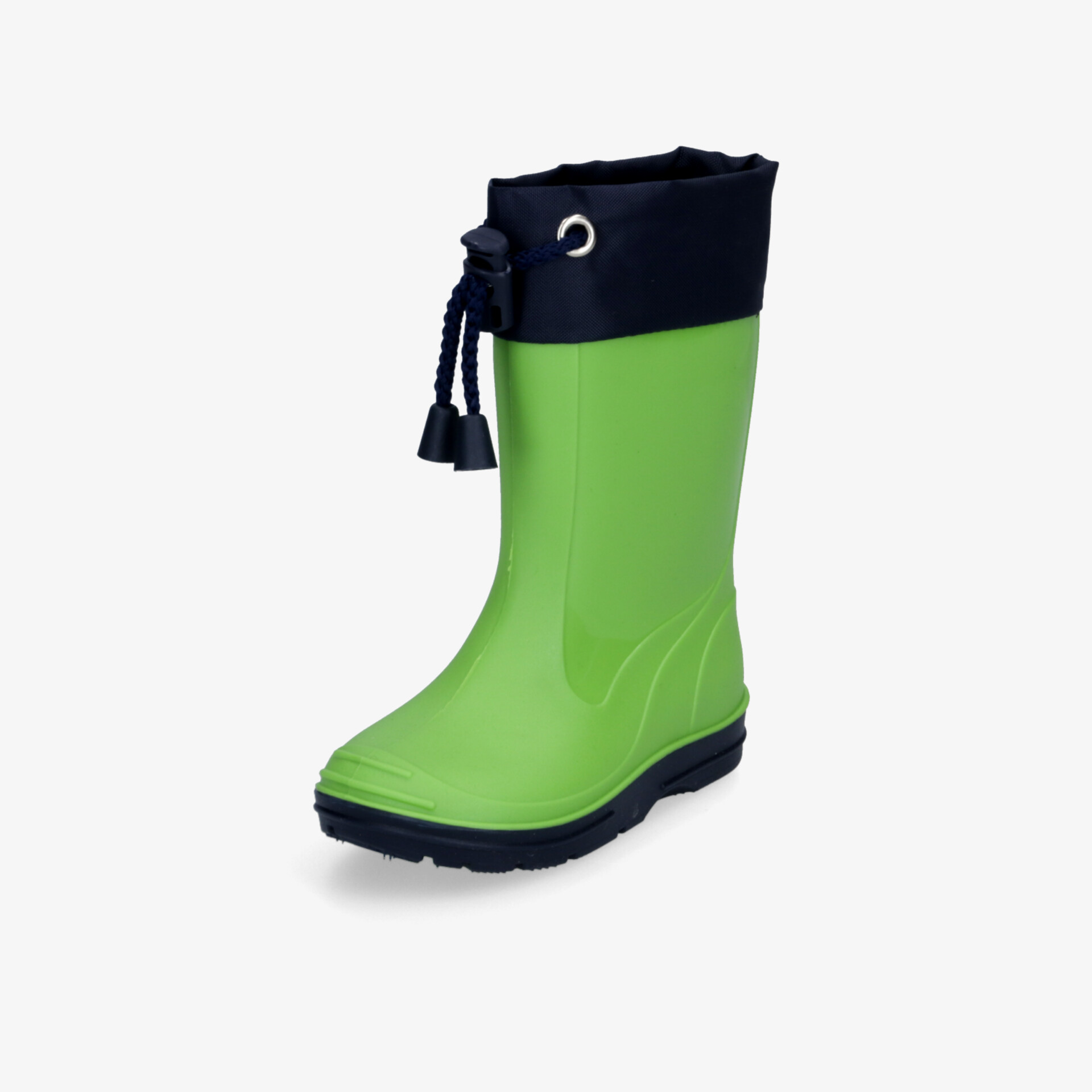 Grüner wasserdichter Gummistiefel mit rutschfester Sohle und verstellbarer schwarzer Kordel am Schaft