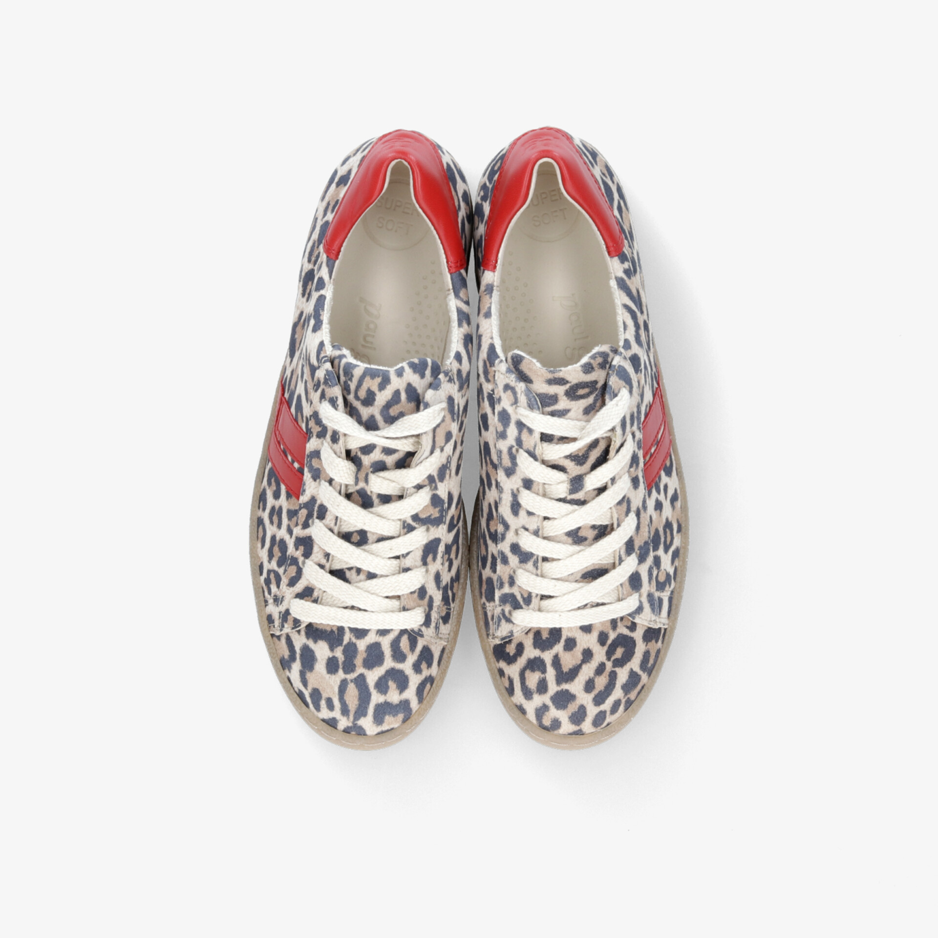 Bequemes Paar Sneaker mit stylischem Leopardenmuster, gepolstert und sportlich im Design, Draufsicht