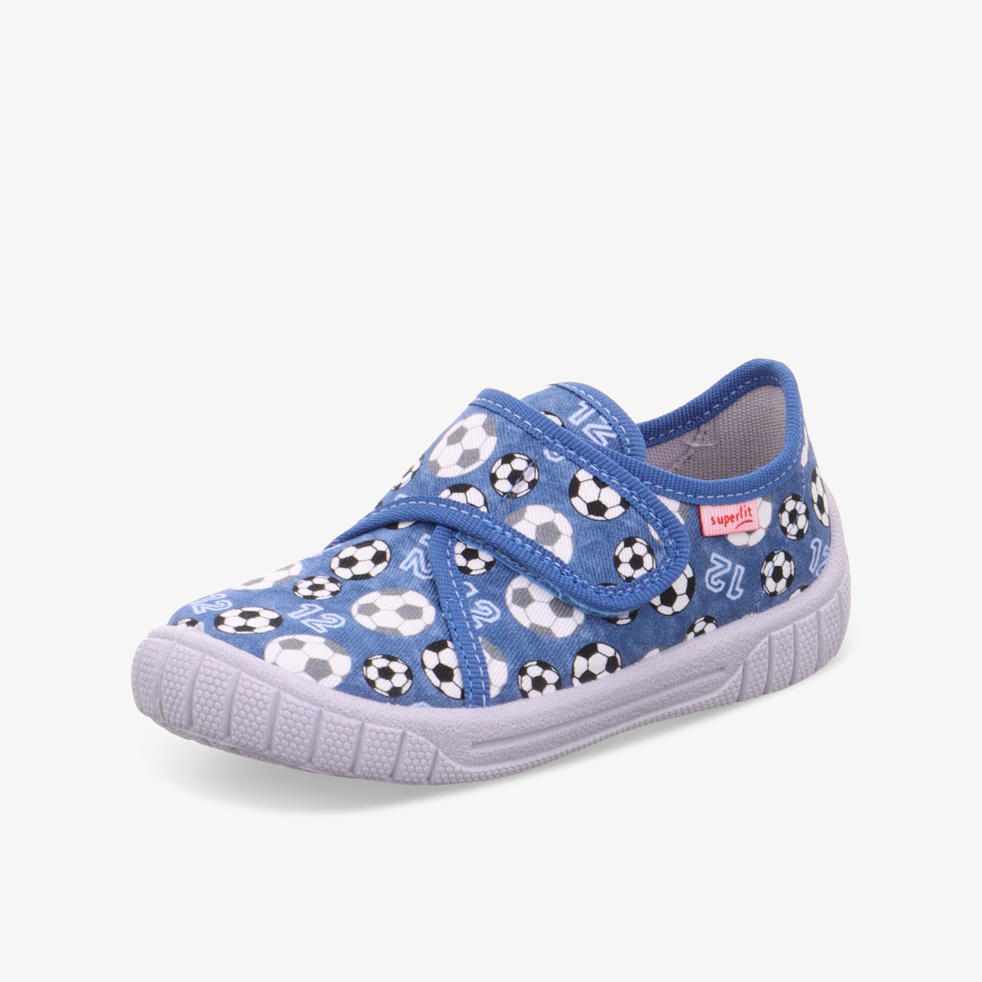 Blauer Kinderschuh mit weißen Blumen, flexible rutschfeste Sohle und praktischem Klettverschluss für bequemen Halt