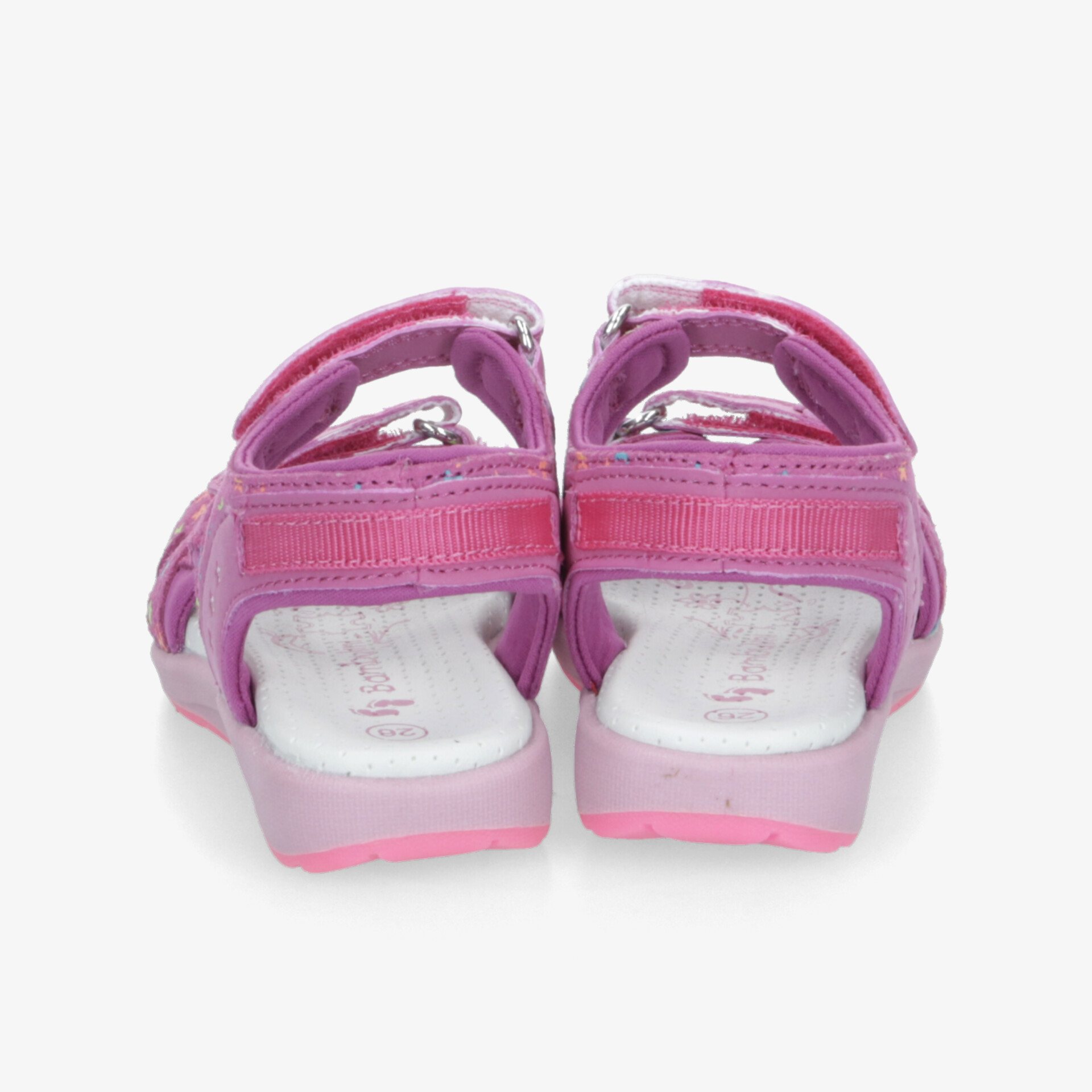 Rückansicht von zwei bequemen Schuhen mit verstellbaren Riemen und rutschfester, robuster Sohle in lebendigem Farbton