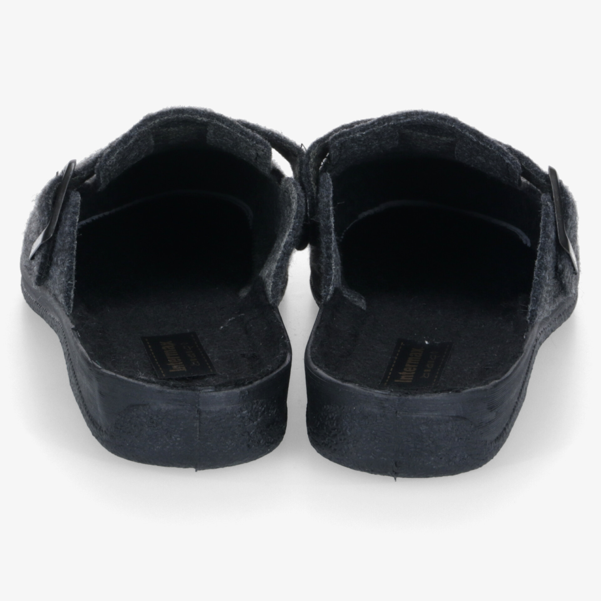 Schwarze offene Hausschuhe mit robuster, rutschfester Sohle, bequem und einfach für den Alltag