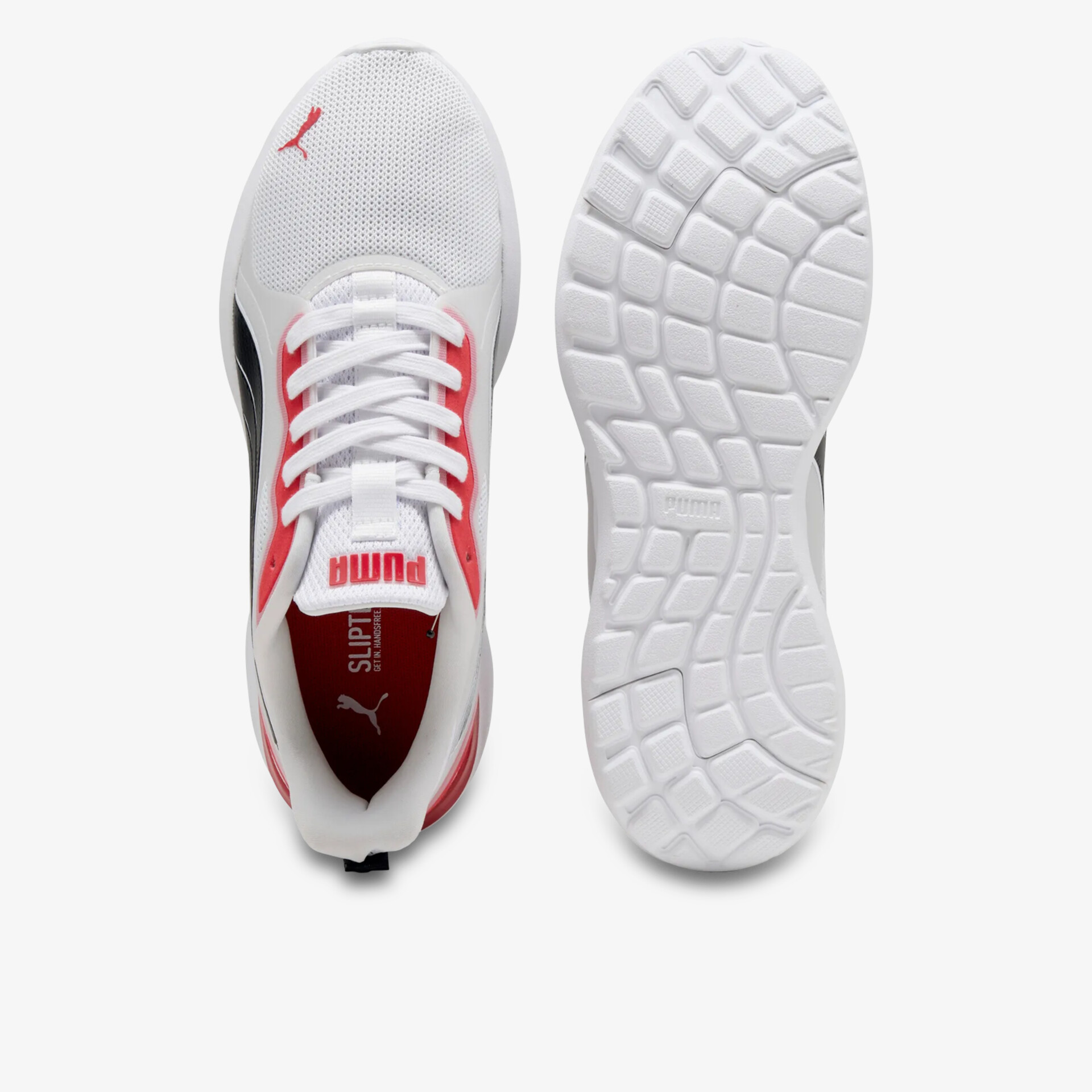 Leichter weißer Laufschuh mit rotem Logo und flexiblem, rutschfestem Sohlenprofil in Draufsicht