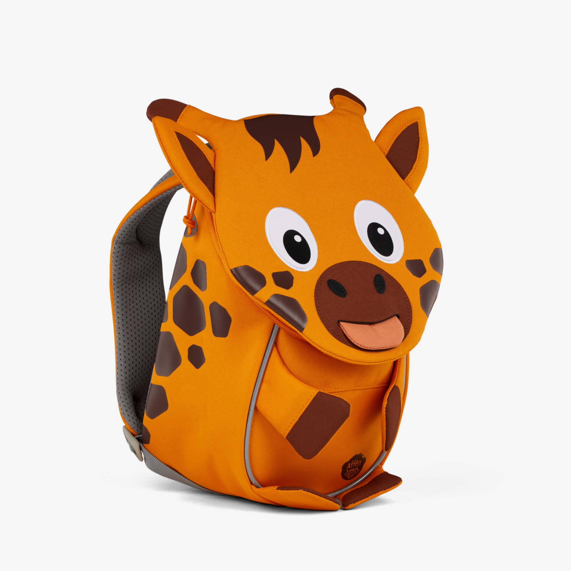 Leuchtend orange Kinderrucksack mit lustigem Giraffenmotiv, gepolsterten Trägern und kinderfreundlichem Design