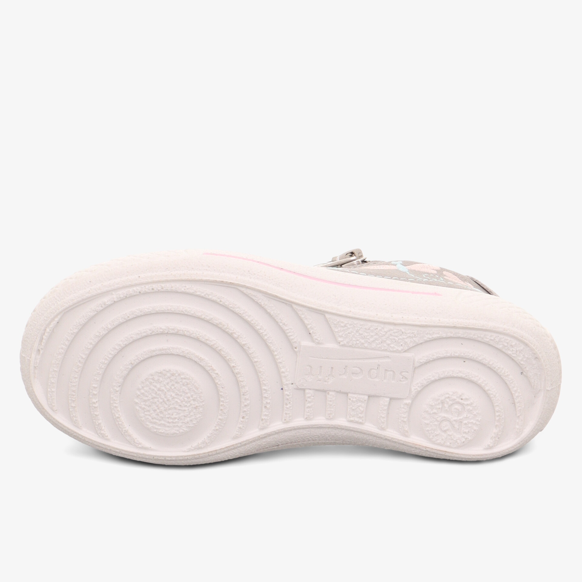 Detailansicht der weißen, rutschfesten und profilierten Schuhsohle für sicheren Halt