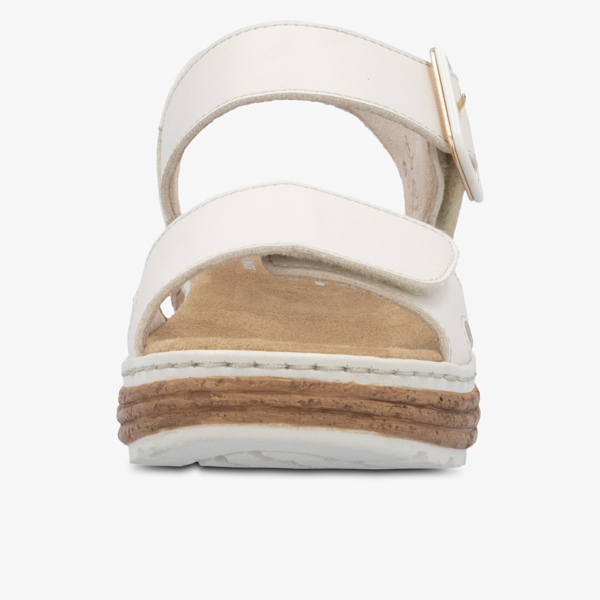 Frontansicht bequeme weiße Sandale mit verstellbarem Riemen und gepolsterter Sohle