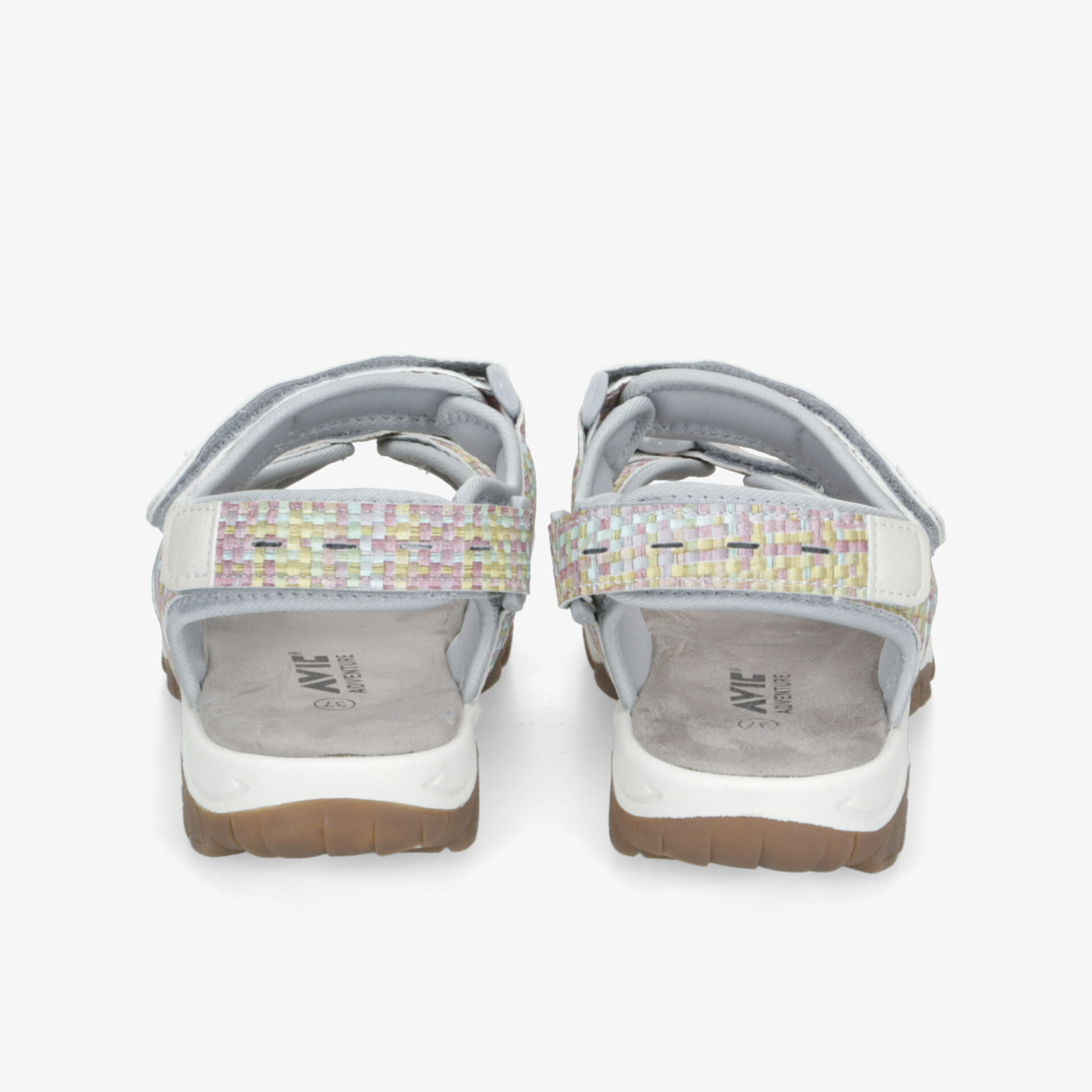 Rückansicht von sandalen mit glitzernden riemen und bequemer, strukturierter sohle für stabilen halt