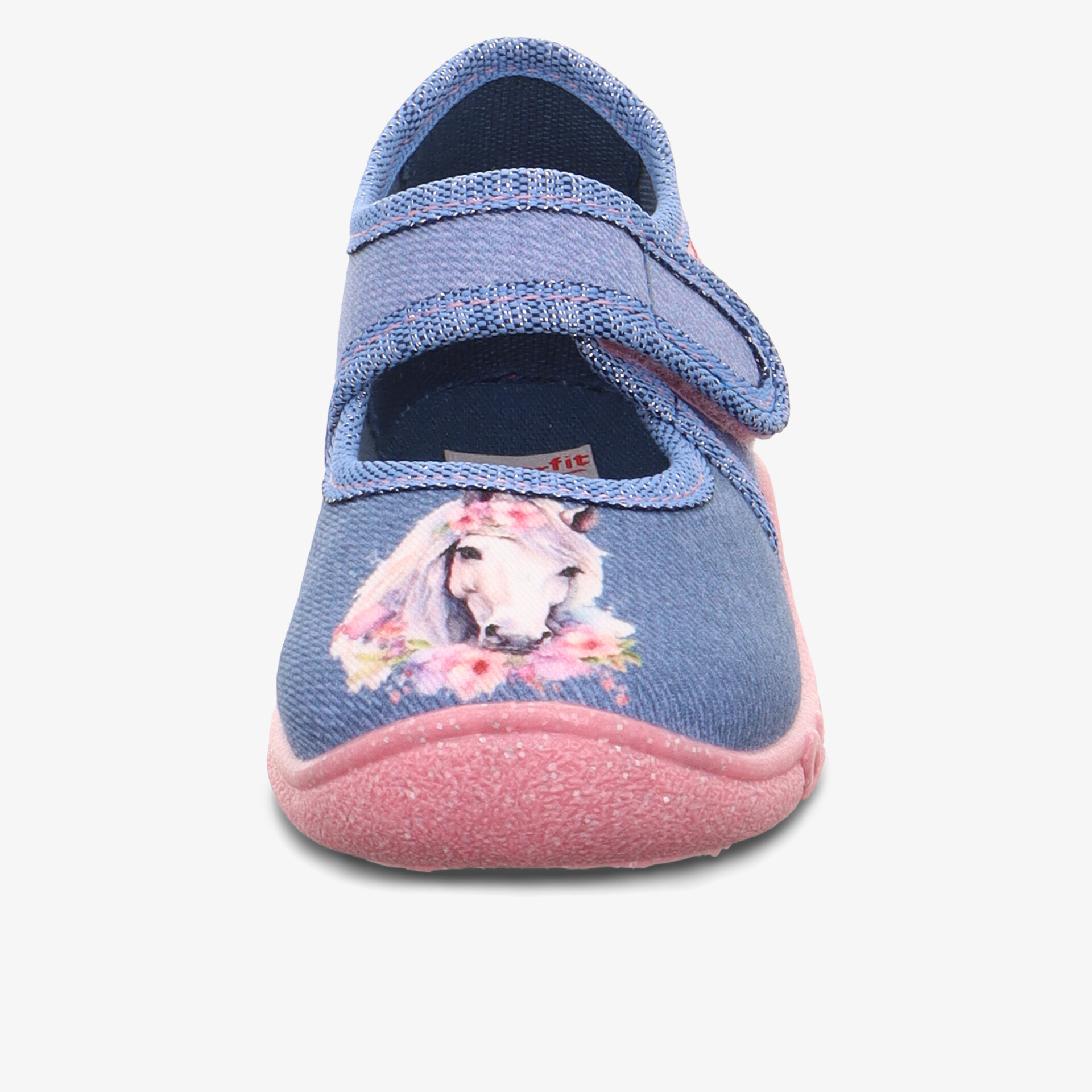 Blauer Kinderschuh mit praktischem Klettverschluss und weicher, flexibler Sohle für hohen Tragekomfort