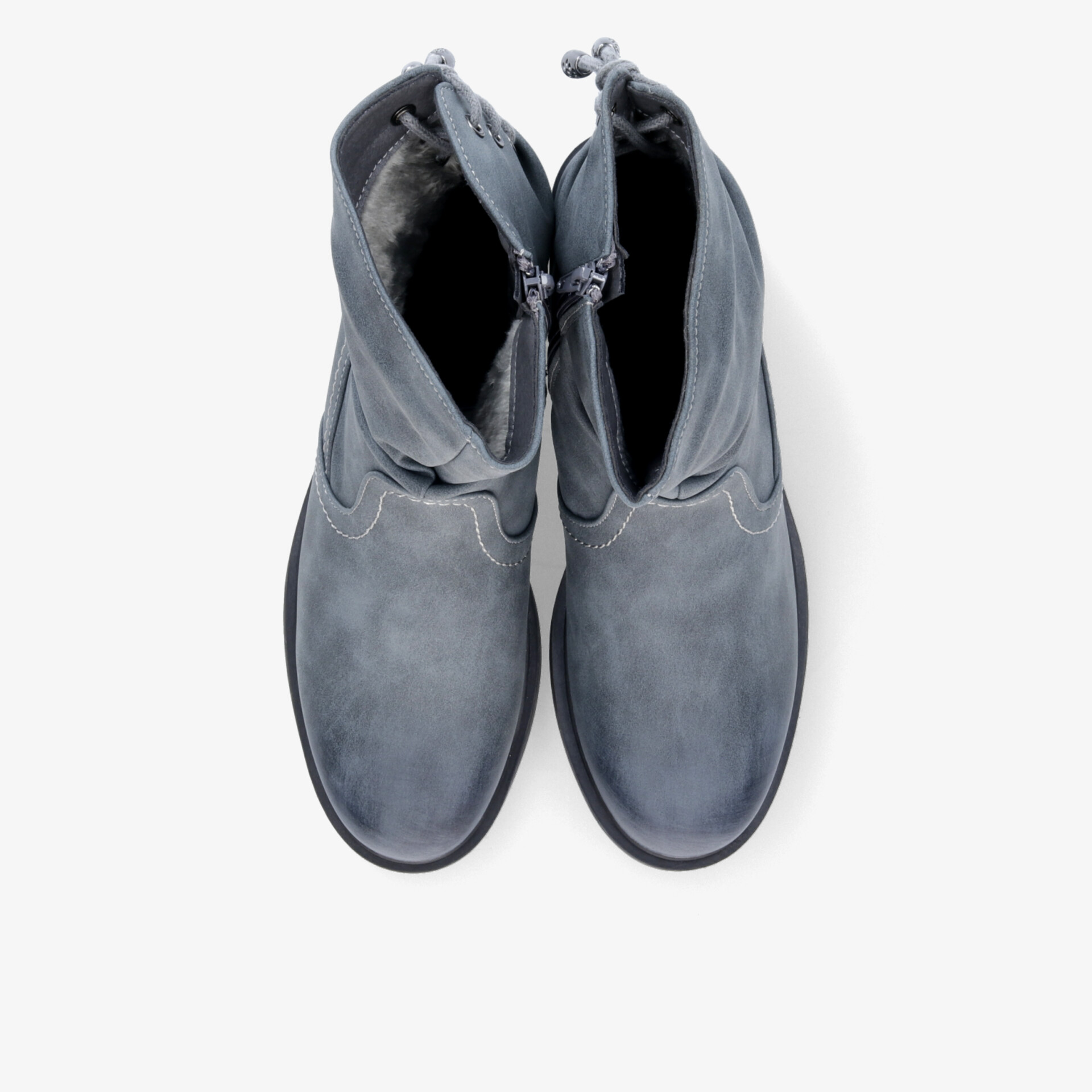 Oberansicht von grauen Stiefeln im Paar mit weich gepolstertem Innenfutter und robustem Material