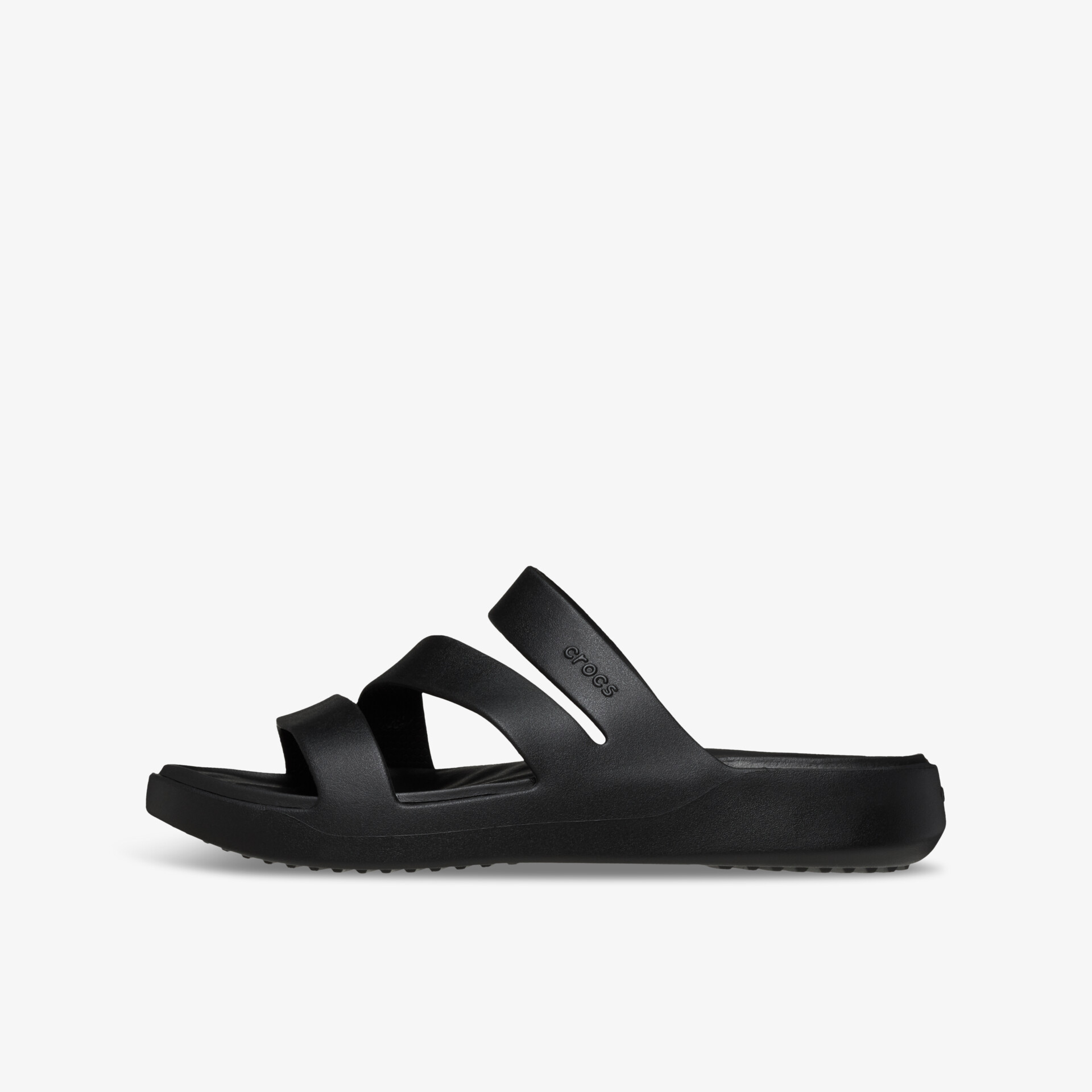 Moderner schwarzer Slide mit komfortabler, flexibler Sohle und rutschfestem Profil für angenehmes Tragegefühl