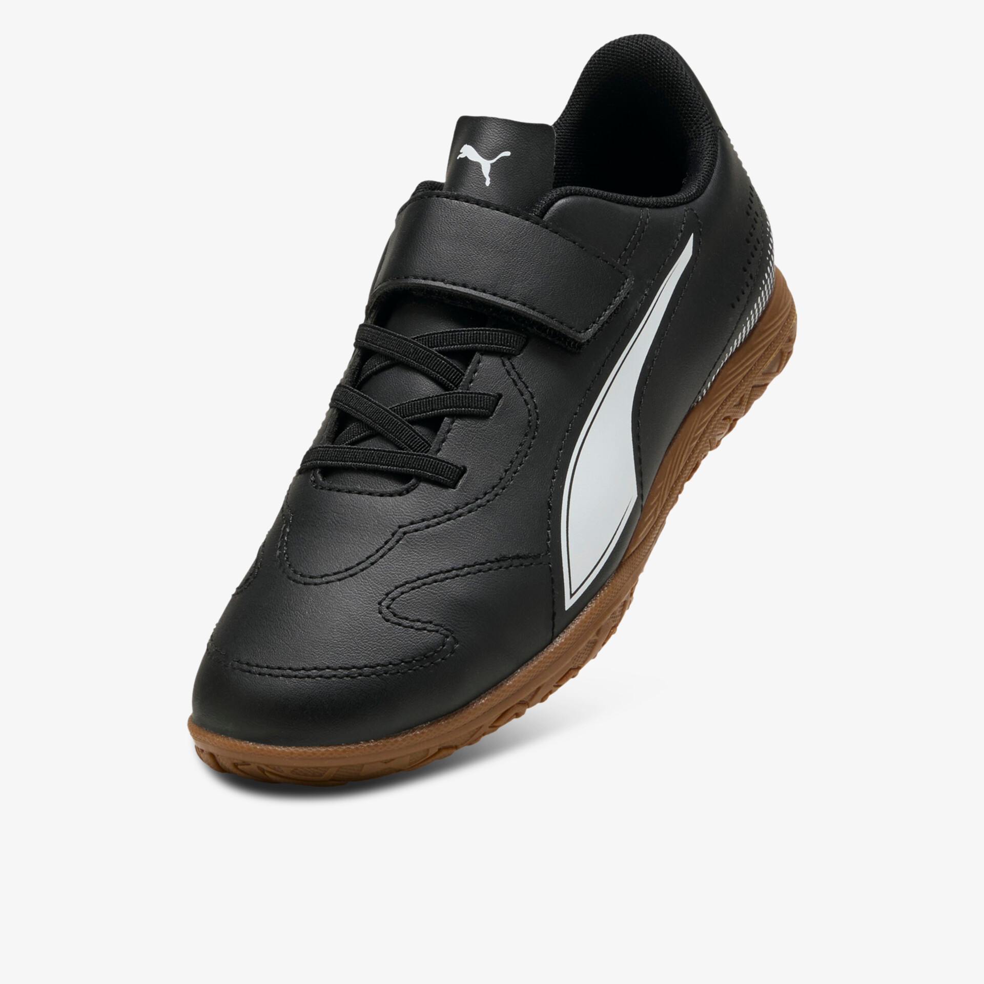 Schwarzer Sportschuh mit weißem Markenlogo, rutschfester brauner Sohle und Klettverschluss für sicheren Halt