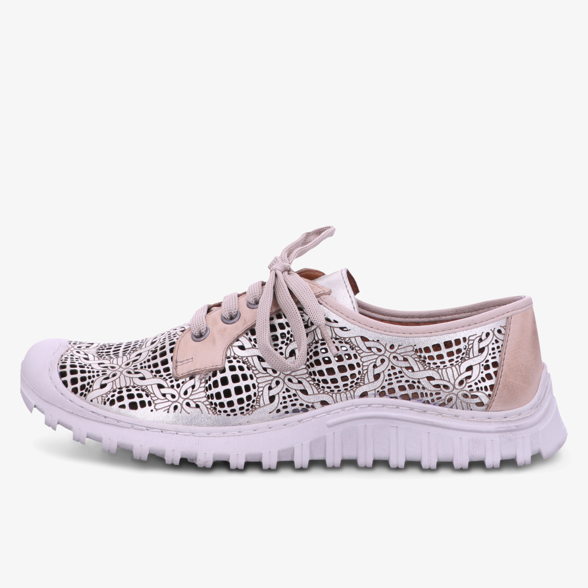 Eleganter Schuh mit attraktivem Spitzenmuster und robuster Sohle für vielseitigen Einsatz.