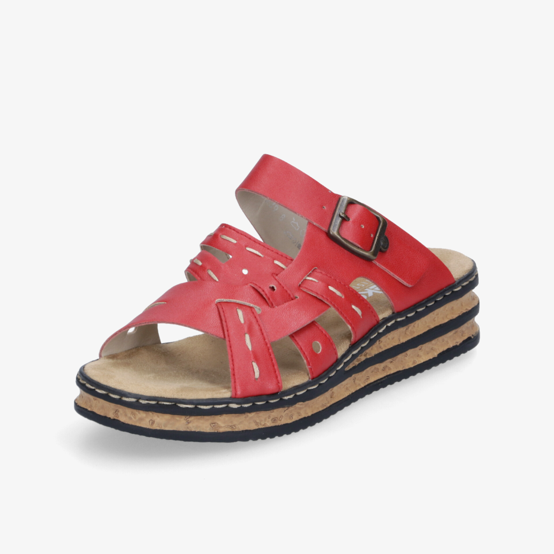 Rote Sandale mit bequemem, gepolstertem Fußbett und verstellbarem Riemen in schräger 3/4 Ansicht