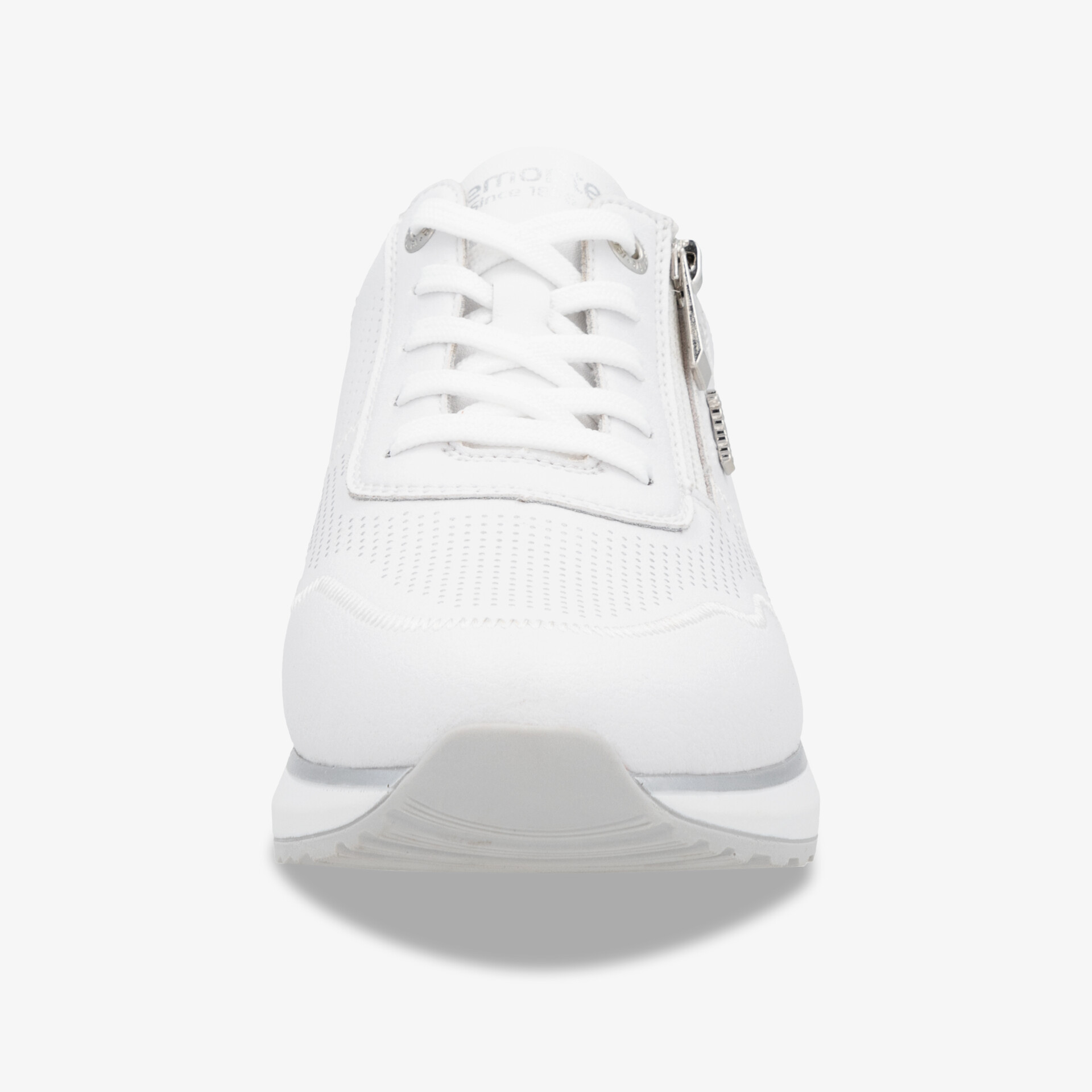 Weißer sportlicher Sneaker in Frontansicht mit atmungsaktivem Material, bequemer Passform und praktischem Reißverschluss