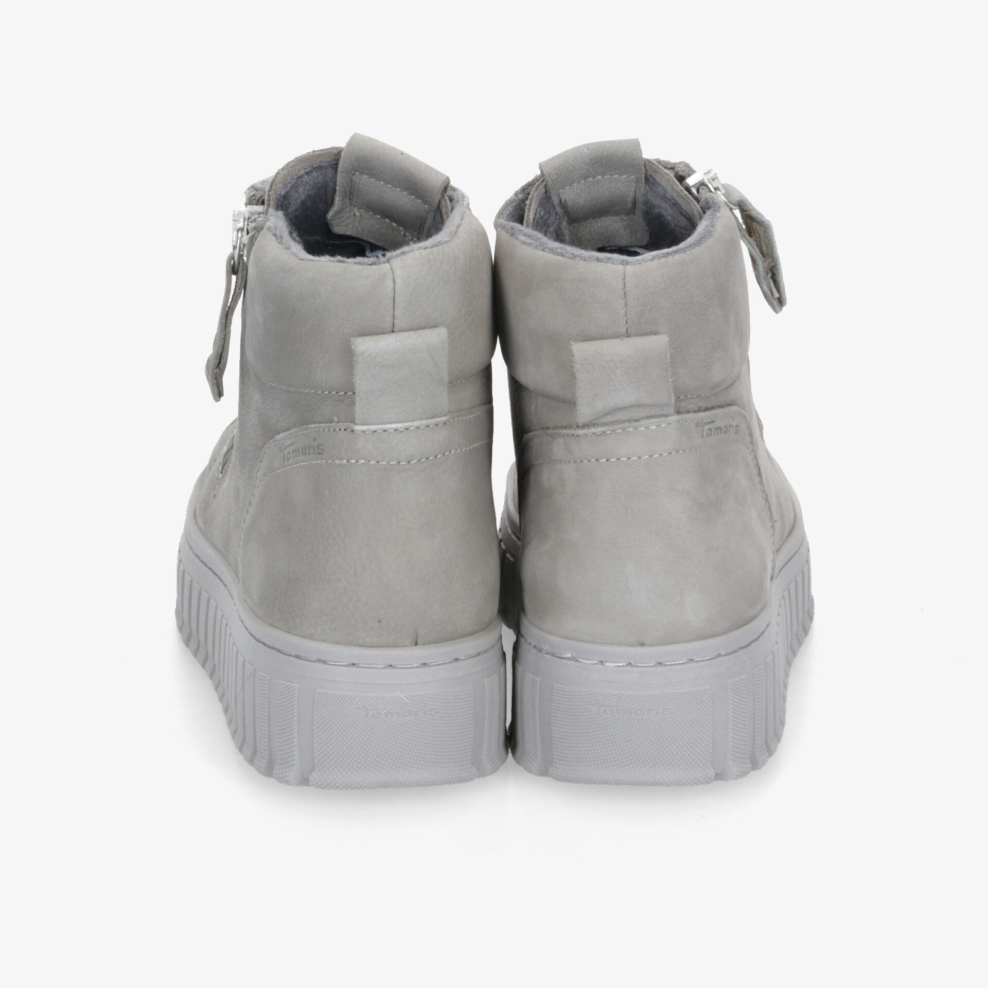 Rückansicht von grauen Sneakern mit robustem Sohlenrand und bequemem Schaft für hohen Tragekomfort