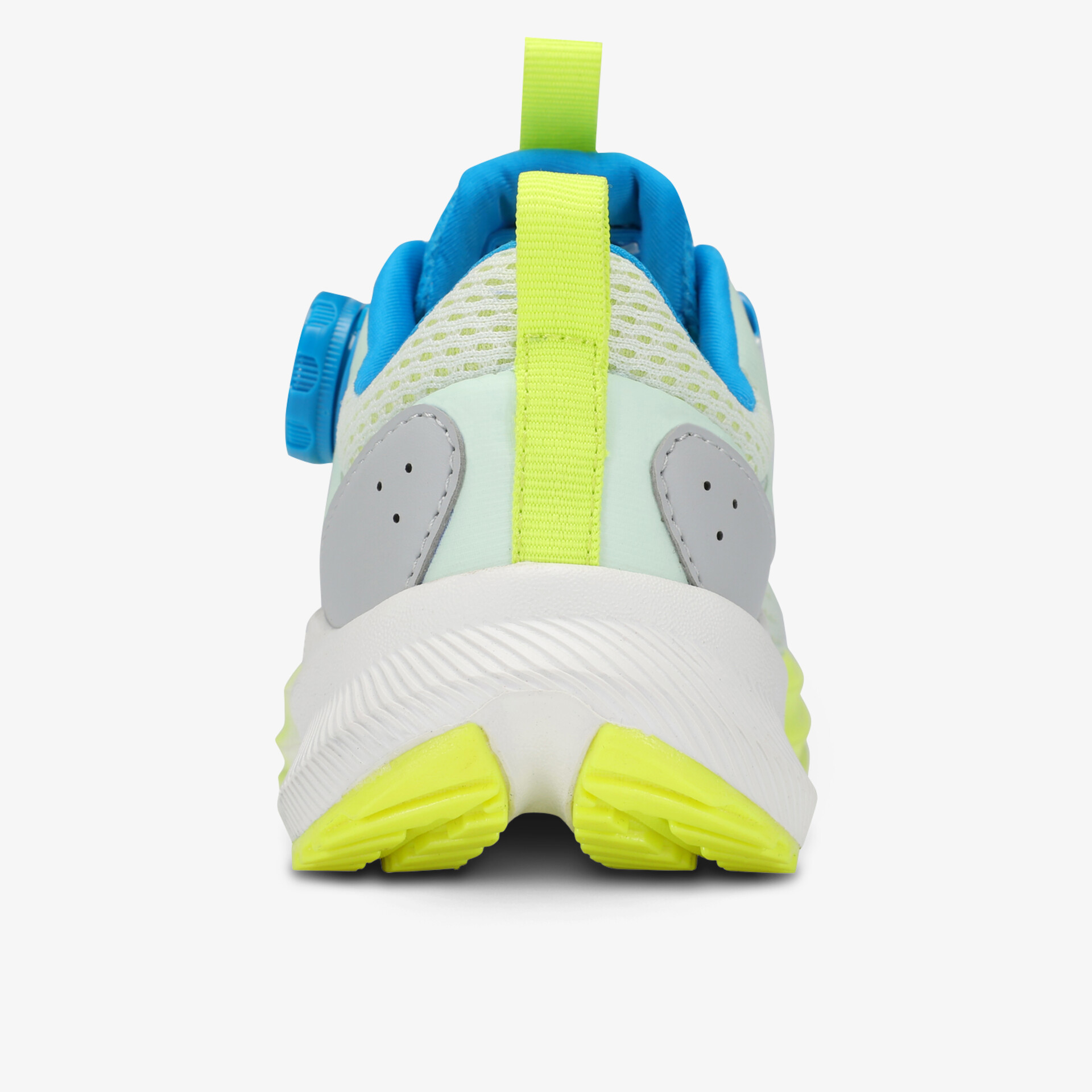 robuster Sportschuh Rückansicht mit neon-gelb und blauen Akzenten, bequeme Fersenkonstruktion