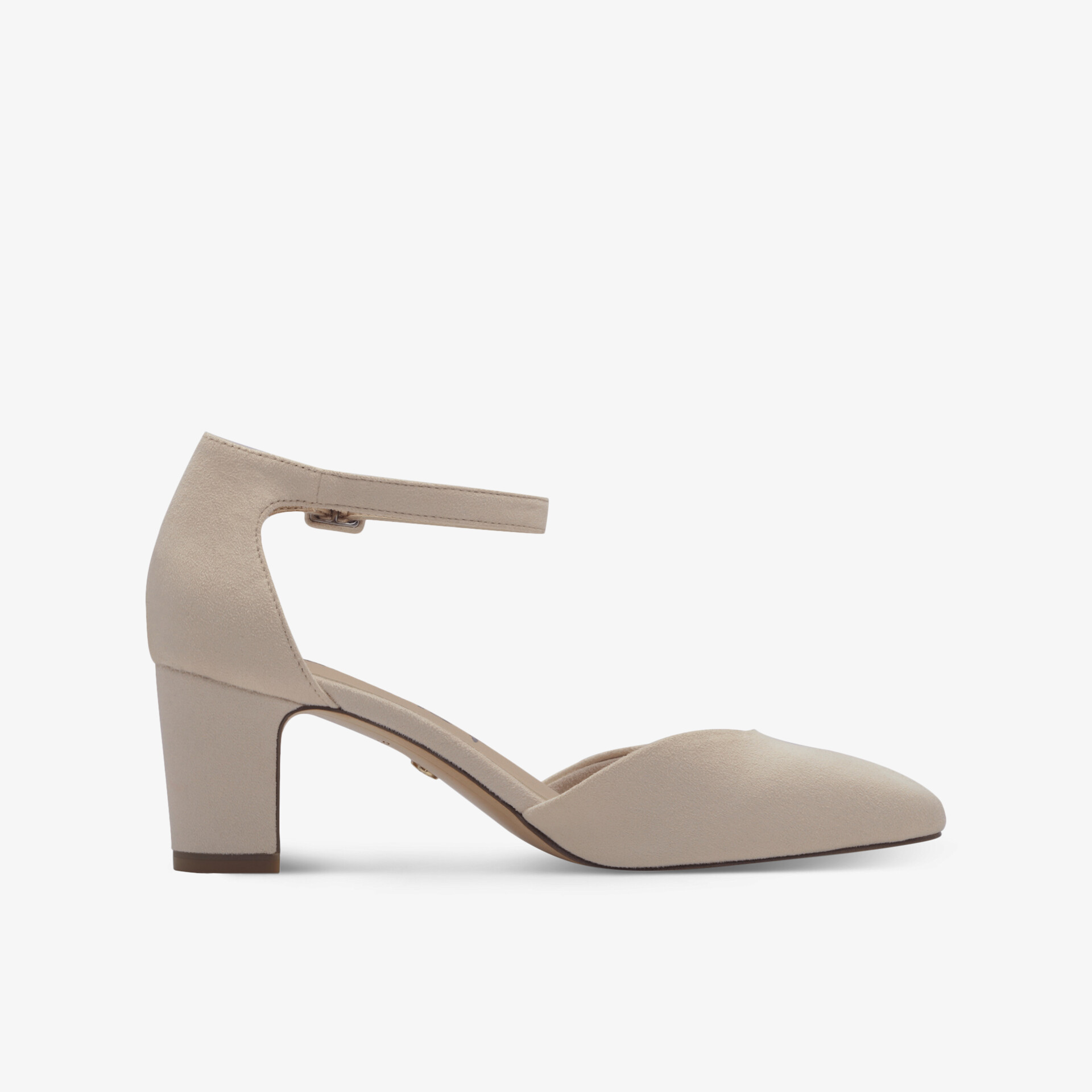 Eleganter beiger Sandalenschuh mit mittelhohem Blockabsatz und verstellbarem Knöchelriemen, spitze Schuhspitze, komfortabel