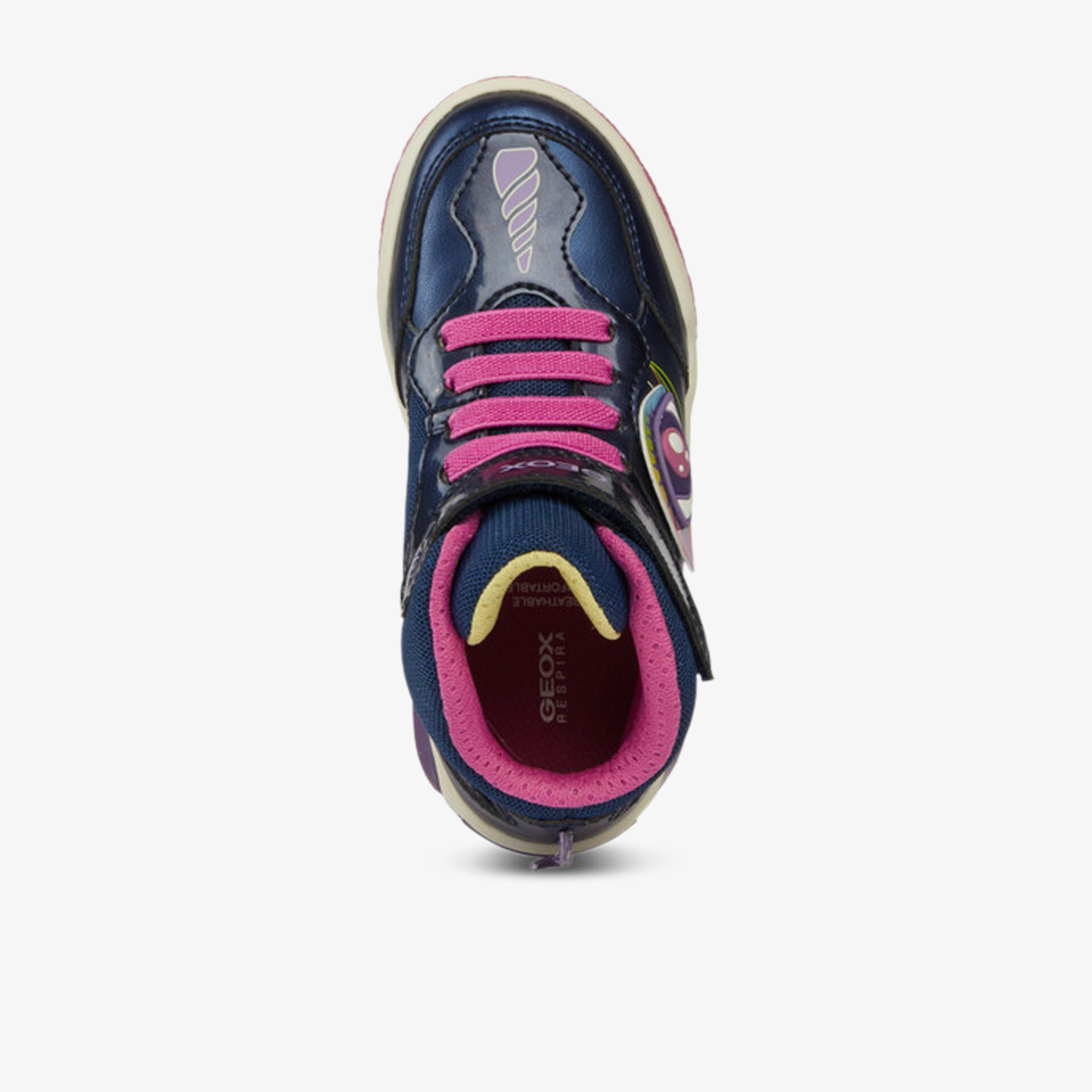Moderner Sportschuh in blau und pink mit Klettverschluss für hohen Tragekomfort und sportliches Design.