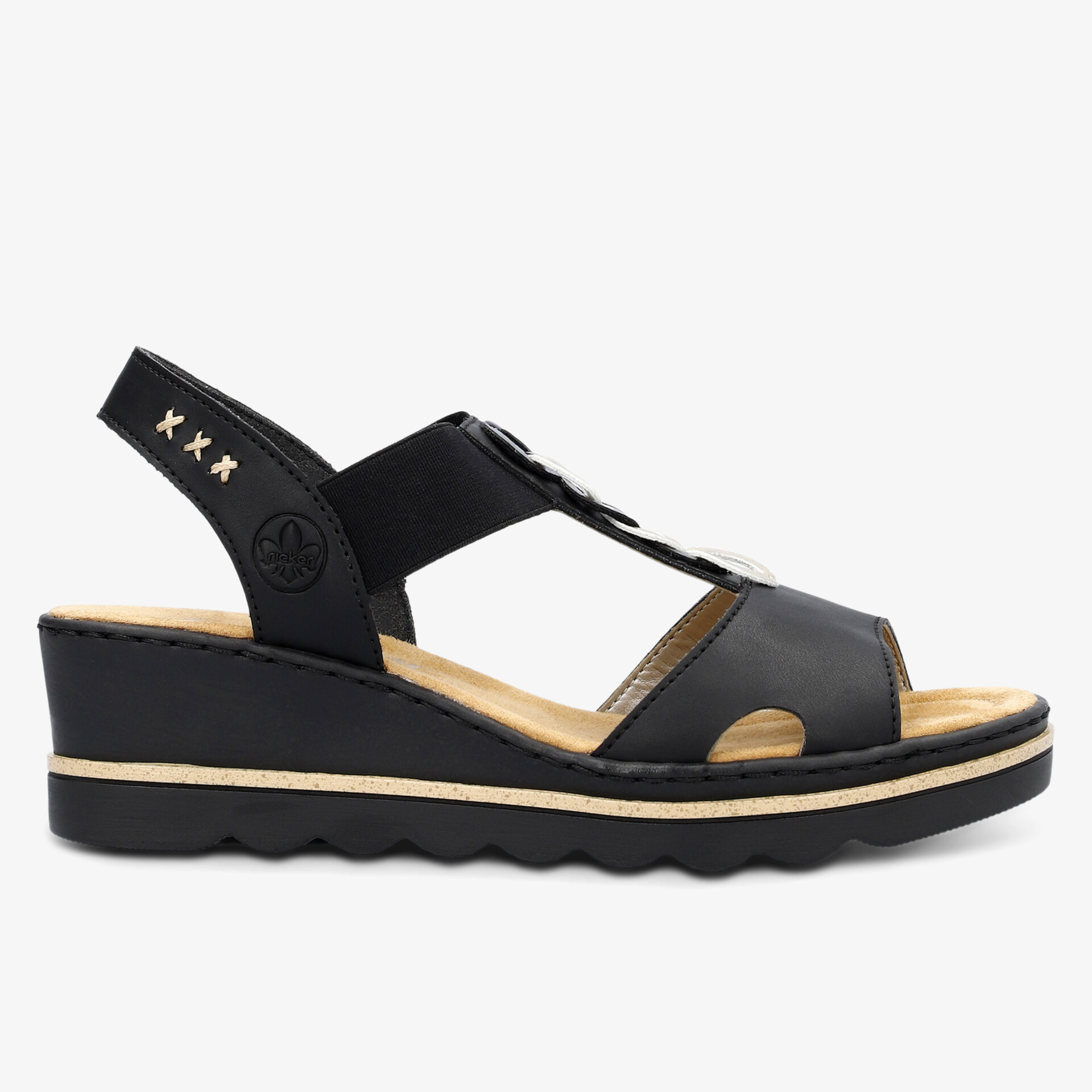 Schwarze Sandale mit elastischem Riemen und gepolsterter Innensohle für hohen Tragekomfort, seitliche Ansicht