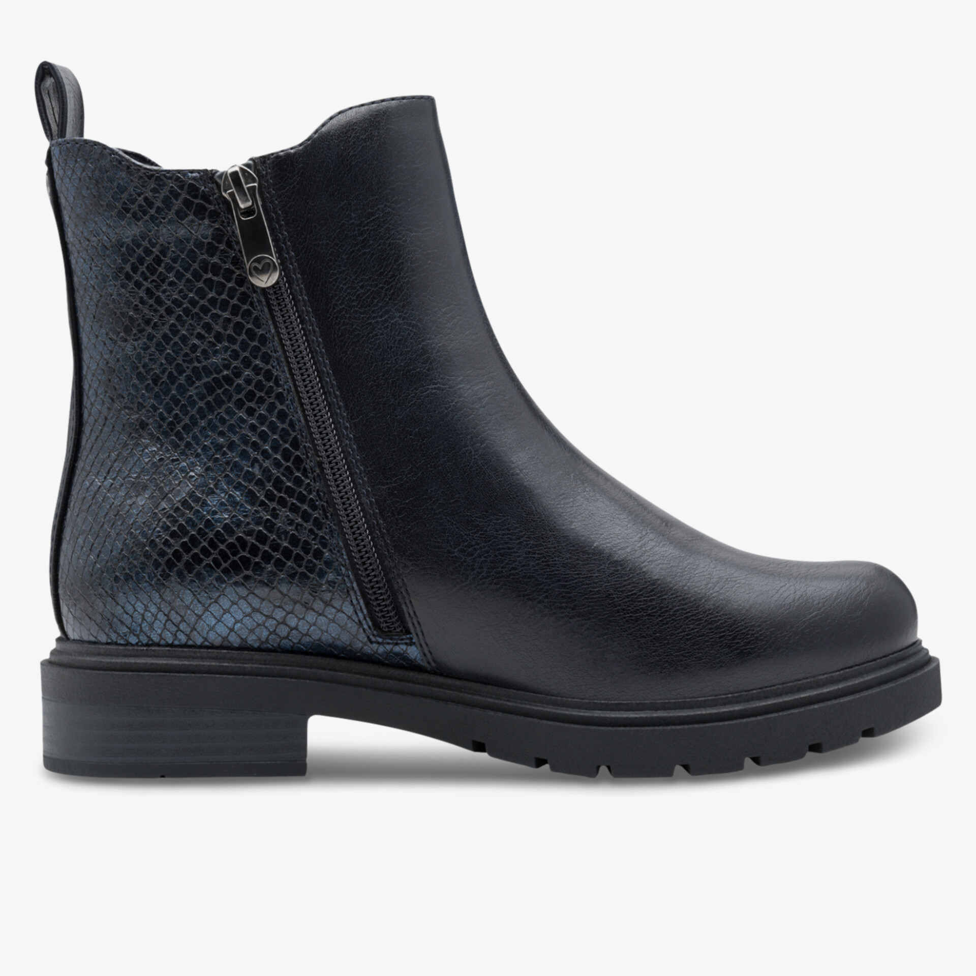 Schwarze Boots mit Reißverschluss, seitliche Ansicht, rutschfeste Sohle und modernem Lederdesign