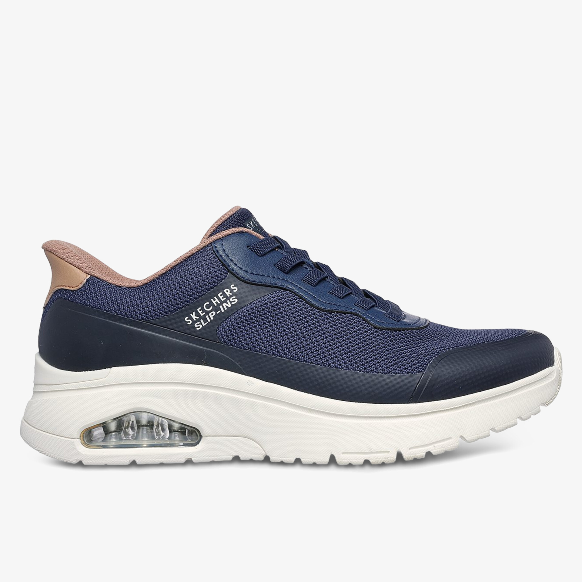 Moderner blauer Sneaker mit weißer Sohle und gepolsterter Ferse, ideal für Komfort und Stil.