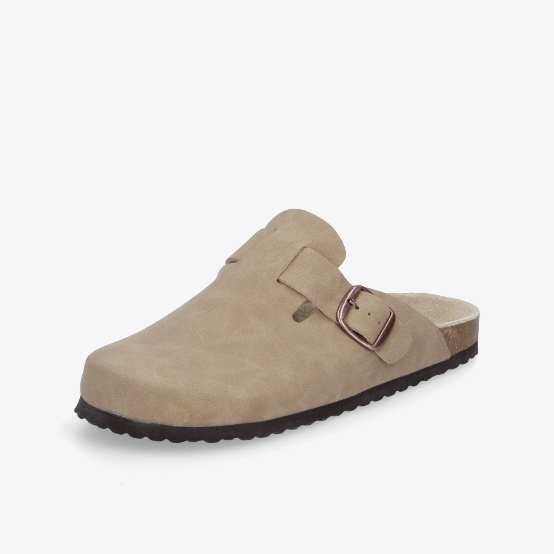 Beiger Clog mit verstellbarer Schnalle und robuster rutschfester Profilsohle für komfortablen Halt